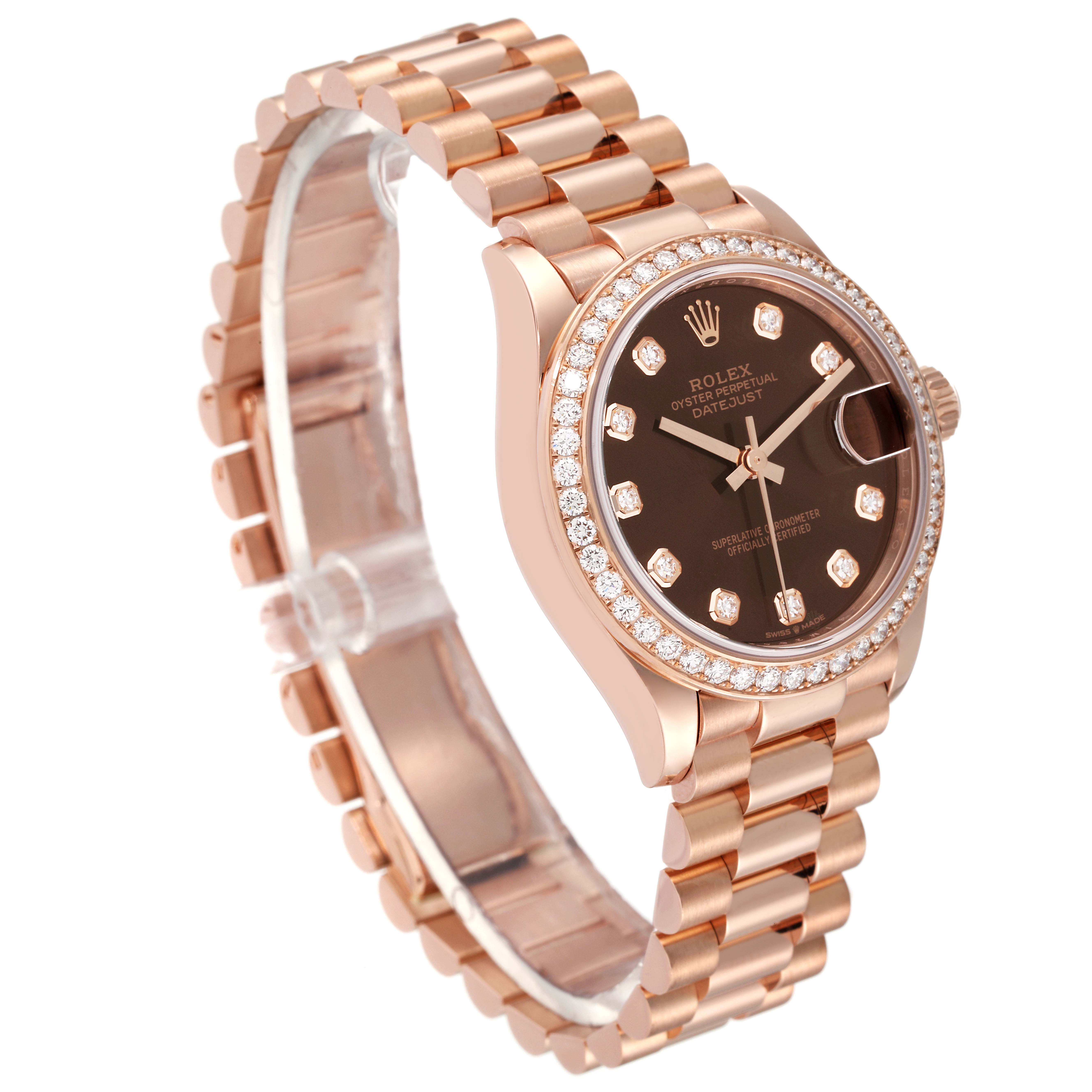 The Rolex President 278285 Women's Rose Gold Brown Dial 278285 Women's Rose Gold Brown Dial model watch is shown at a slight angle, displaying the face, bezel, and part of the band.