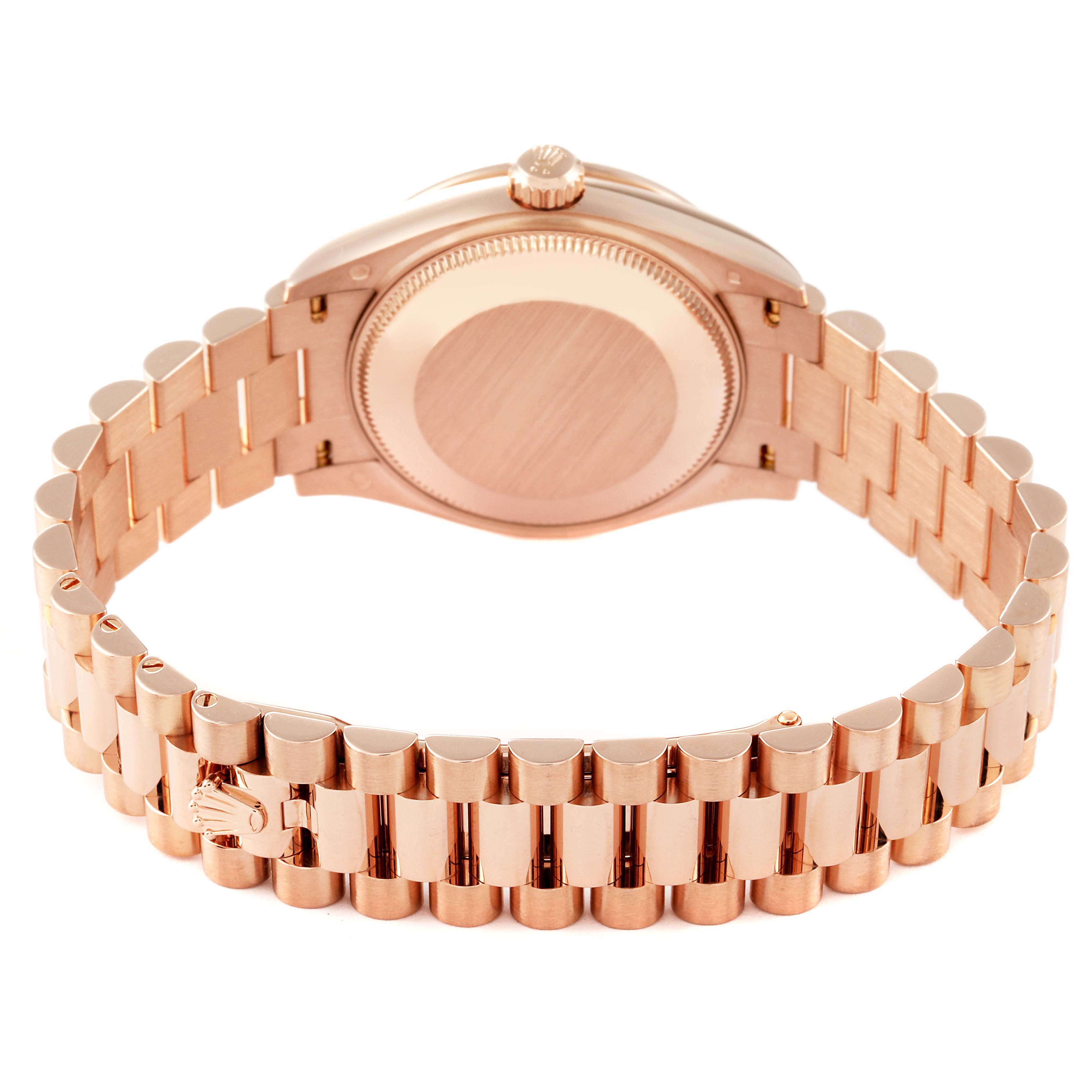 This image shows the back and bracelet of a Rolex President 278285 Women's Rose Gold Brown Dial 278285 Women's Rose Gold Brown Dial model watch, angled to display the clasp and case back.