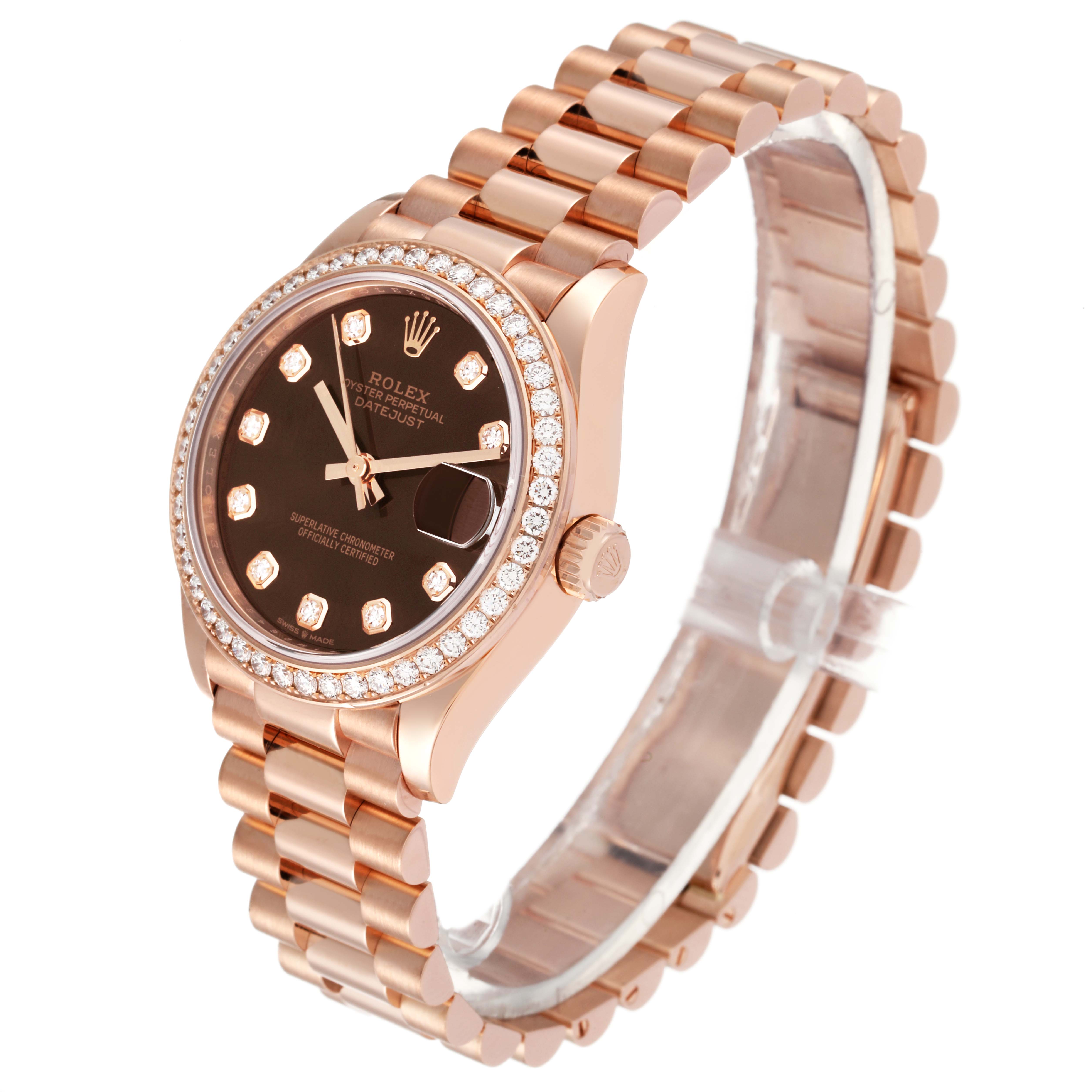 The image shows the face, bezel, crown, and bracelet of a Rolex President 278285 Women's Rose Gold Brown Dial 278285 Women's Rose Gold Brown Dial model watch, angled slightly from the front.