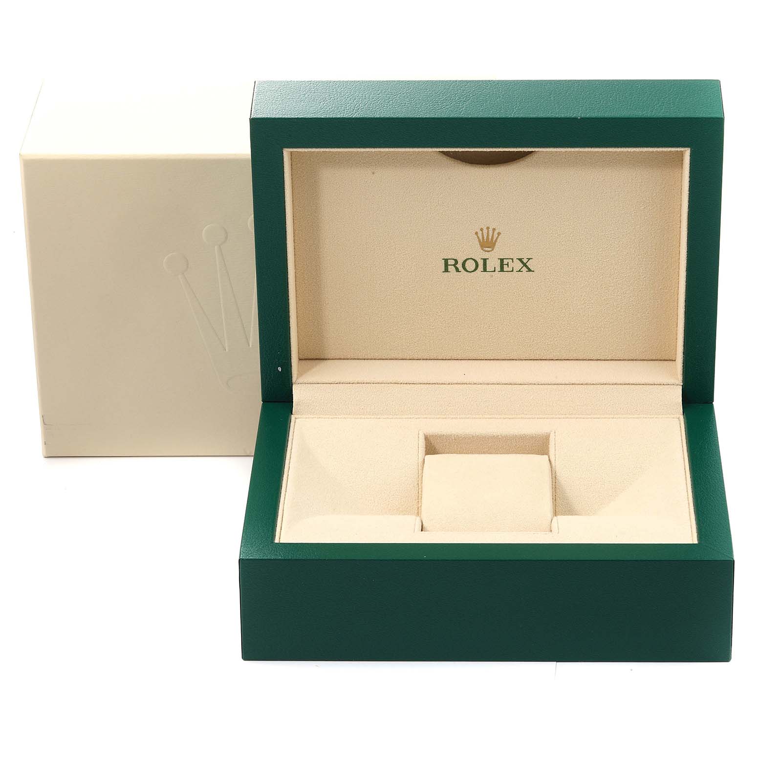 The image shows an open green and cream-colored box for a Rolex President 278285 Women's Rose Gold Brown Dial 278285 Women's Rose Gold Brown Dial model watch.