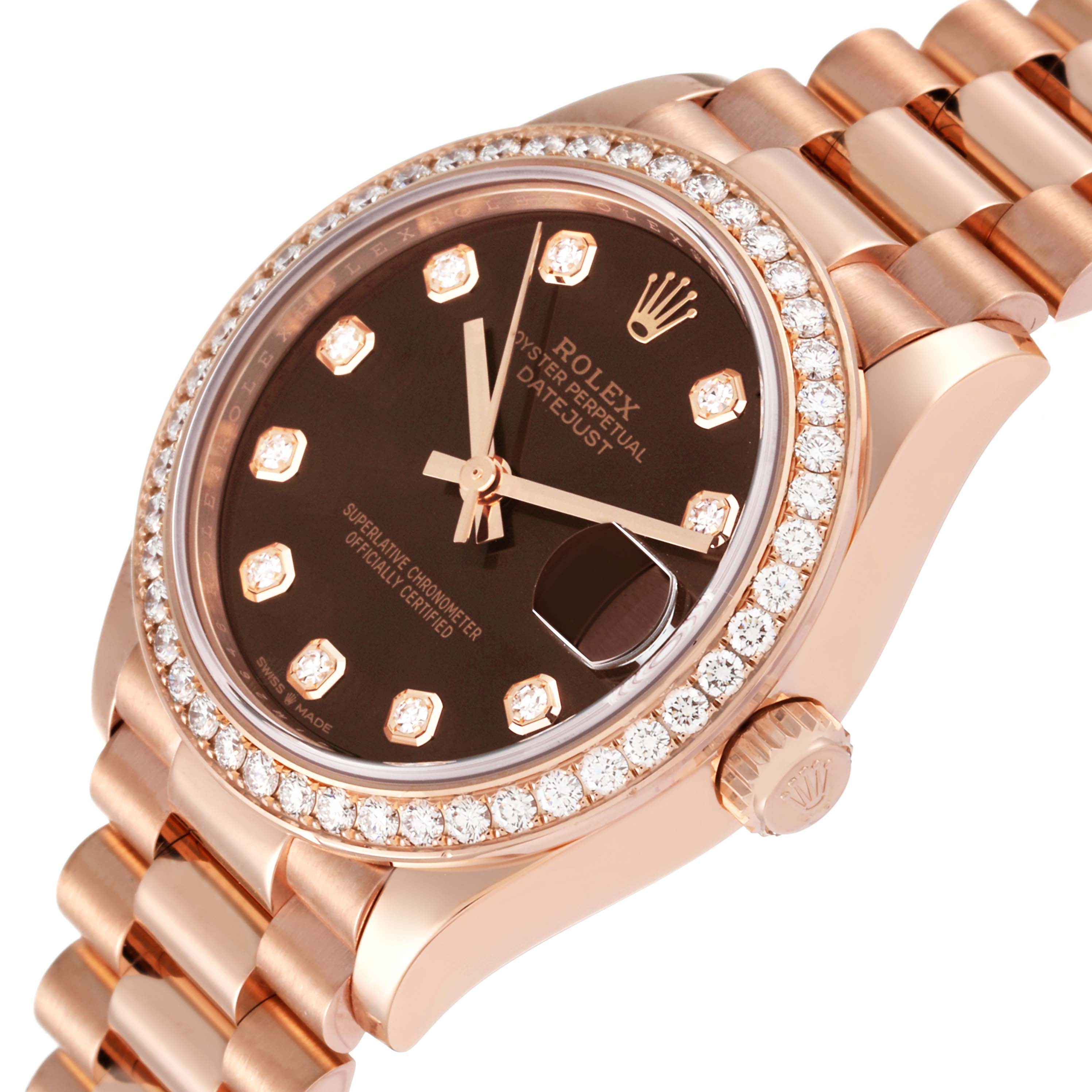 The image shows a close-up of the dial, bezel, crown, and part of the bracelet of a Rolex President 278285 Women's Rose Gold Brown Dial 278285 Women's Rose Gold Brown Dial model watch.