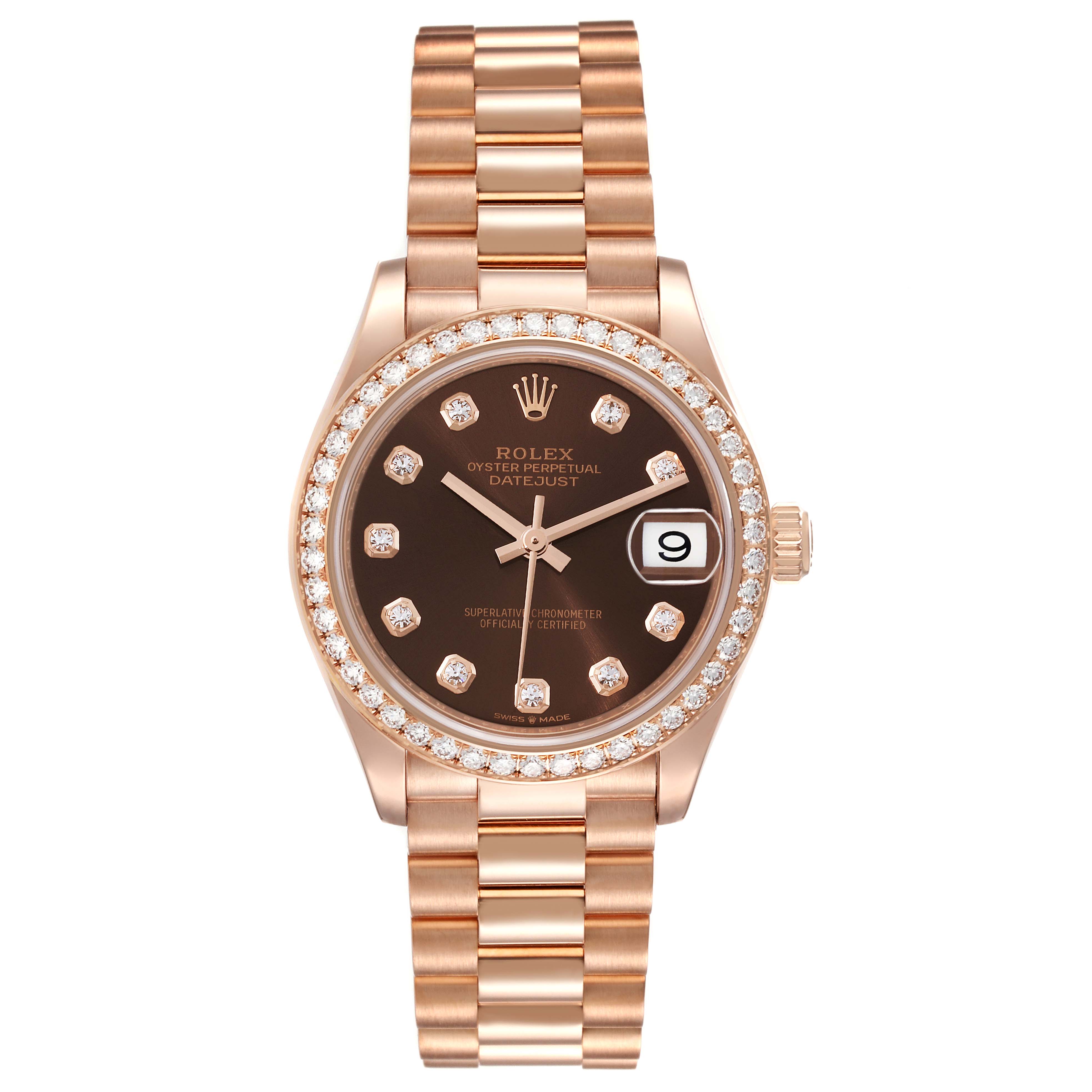 This image shows a Rolex President 278285 Women's Rose Gold Brown Dial 278285 Women's Rose Gold Brown Dial model watch from the front, highlighting the face, bezel, bracelet, and date display.