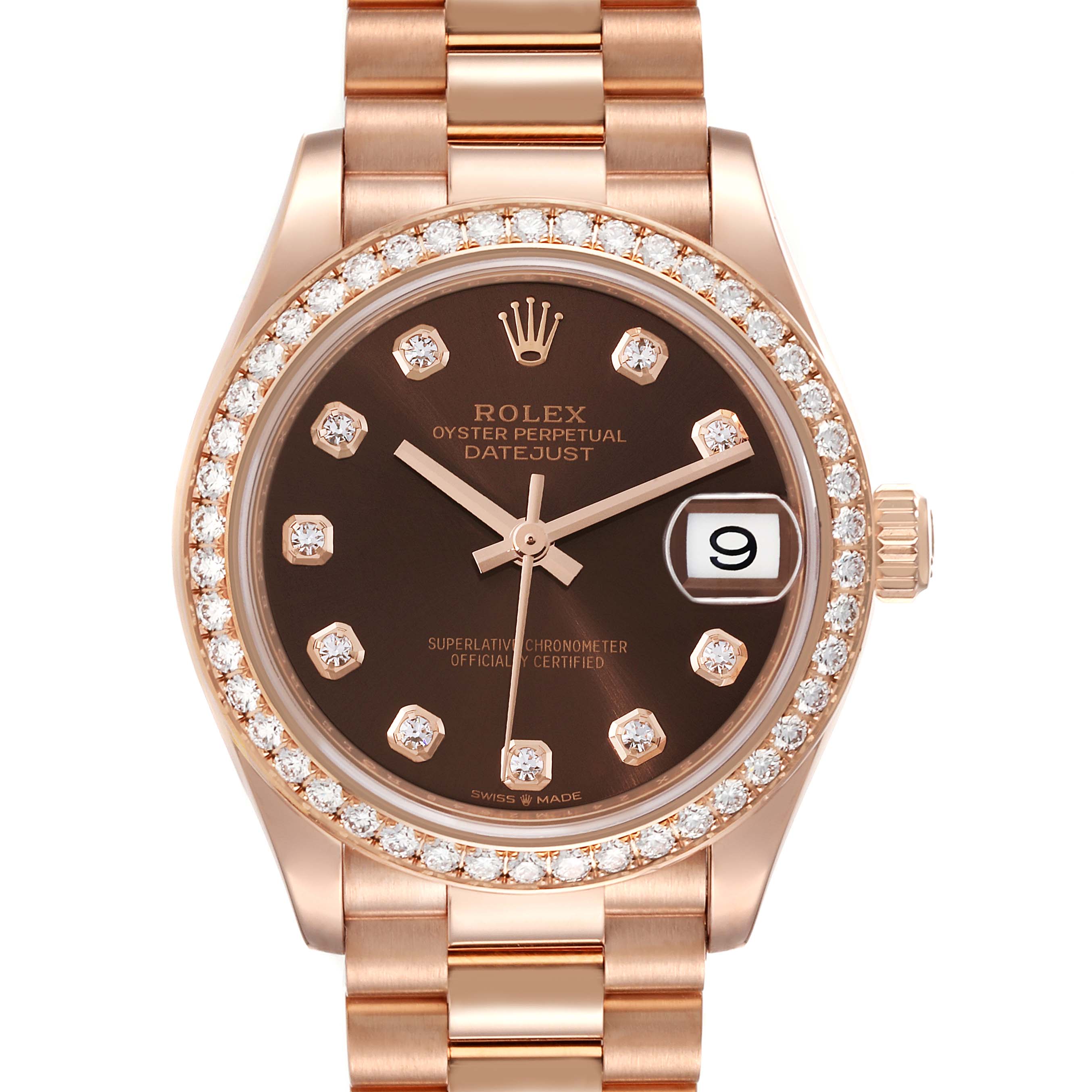 This Rolex President 278285 Women's Rose Gold Brown Dial 278285 Women's Rose Gold Brown Dial model watch is shown from a front angle, highlighting its dial, bezel, and bracelet.