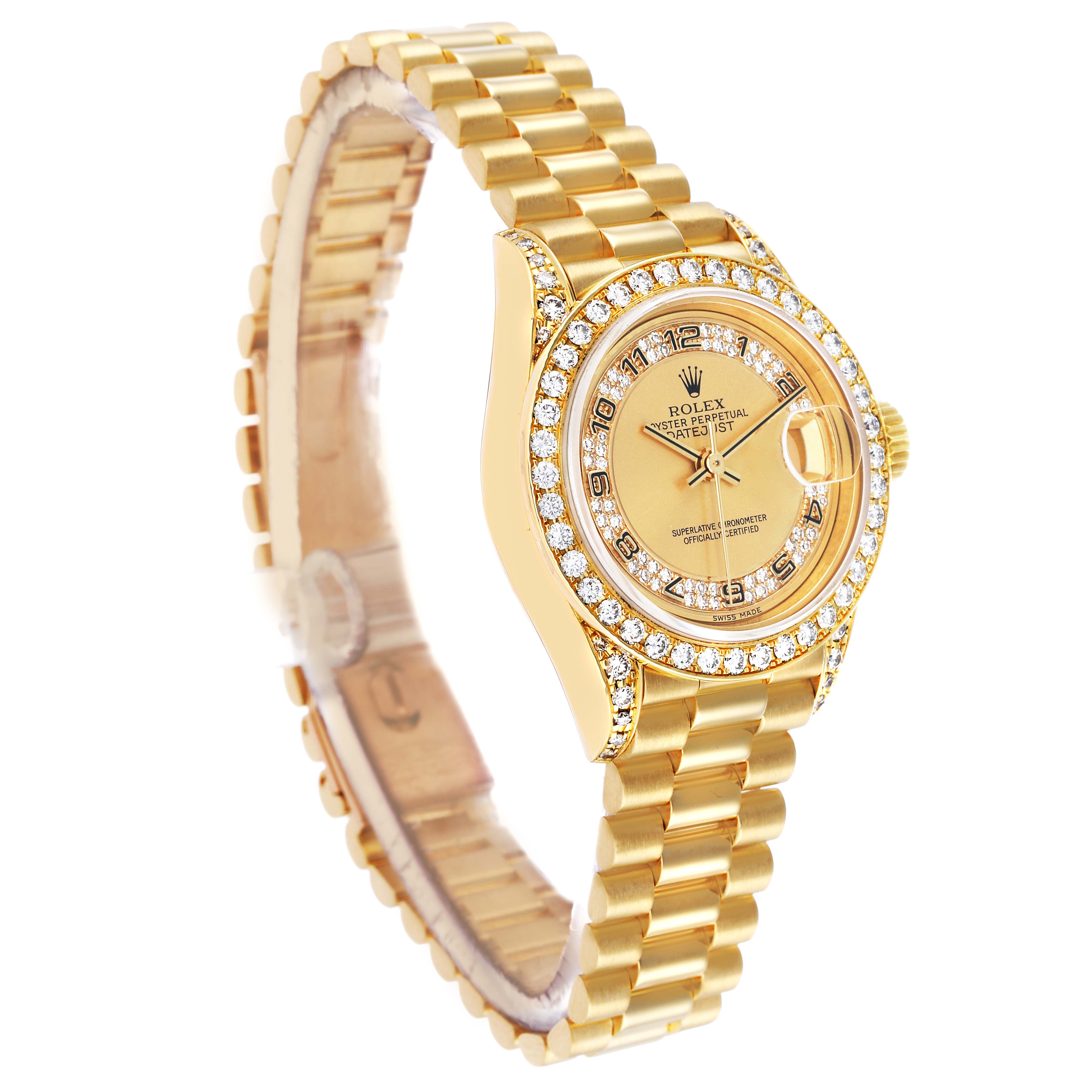 The Rolex President 69158 Women's Yellow Gold Champagne Dial model watch is shown at a slight side angle, highlighting its gold bracelet and diamond-encrusted bezel.