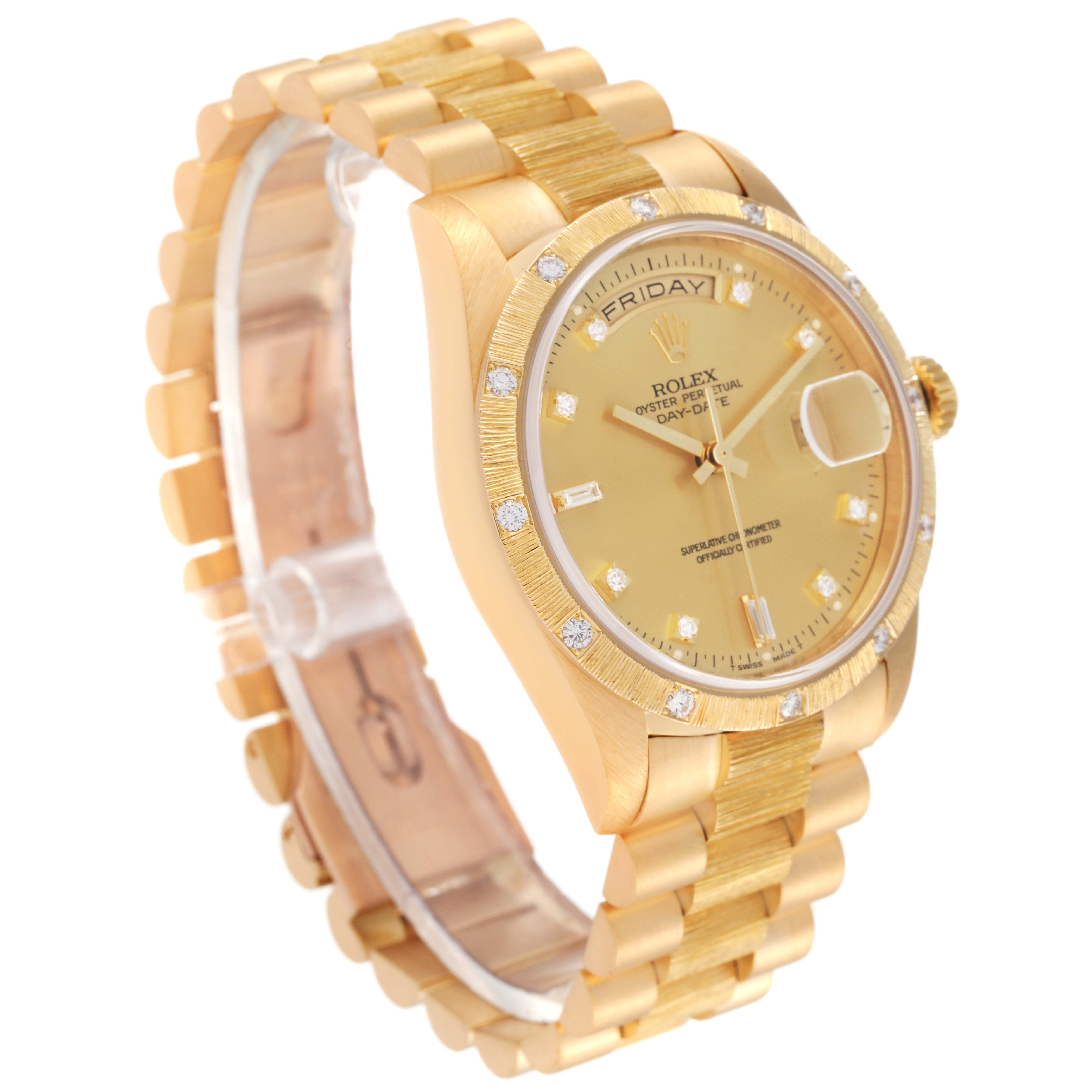 The image shows a side angle view of the Rolex President 18308 Men's Yellow Gold Champagne Dial 18308 Men's Yellow Gold Champagne Dial model watch, highlighting its golden band, bezel, and dial.