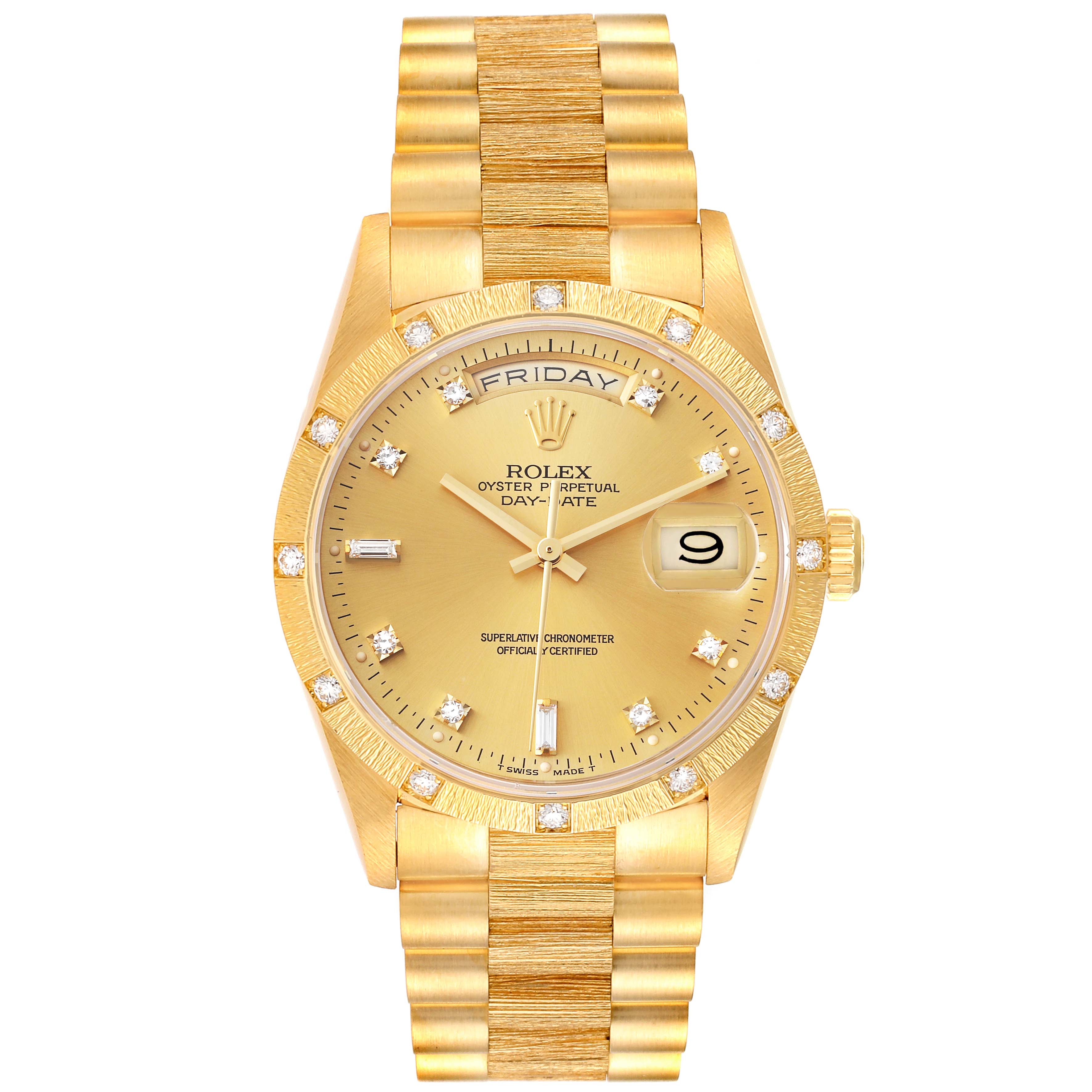 A frontal view of a Rolex President 18308 Men's Yellow Gold Champagne Dial 18308 Men's Yellow Gold Champagne Dial model watch, showcasing the dial, bezel, bracelet, and crown with day and date displays.