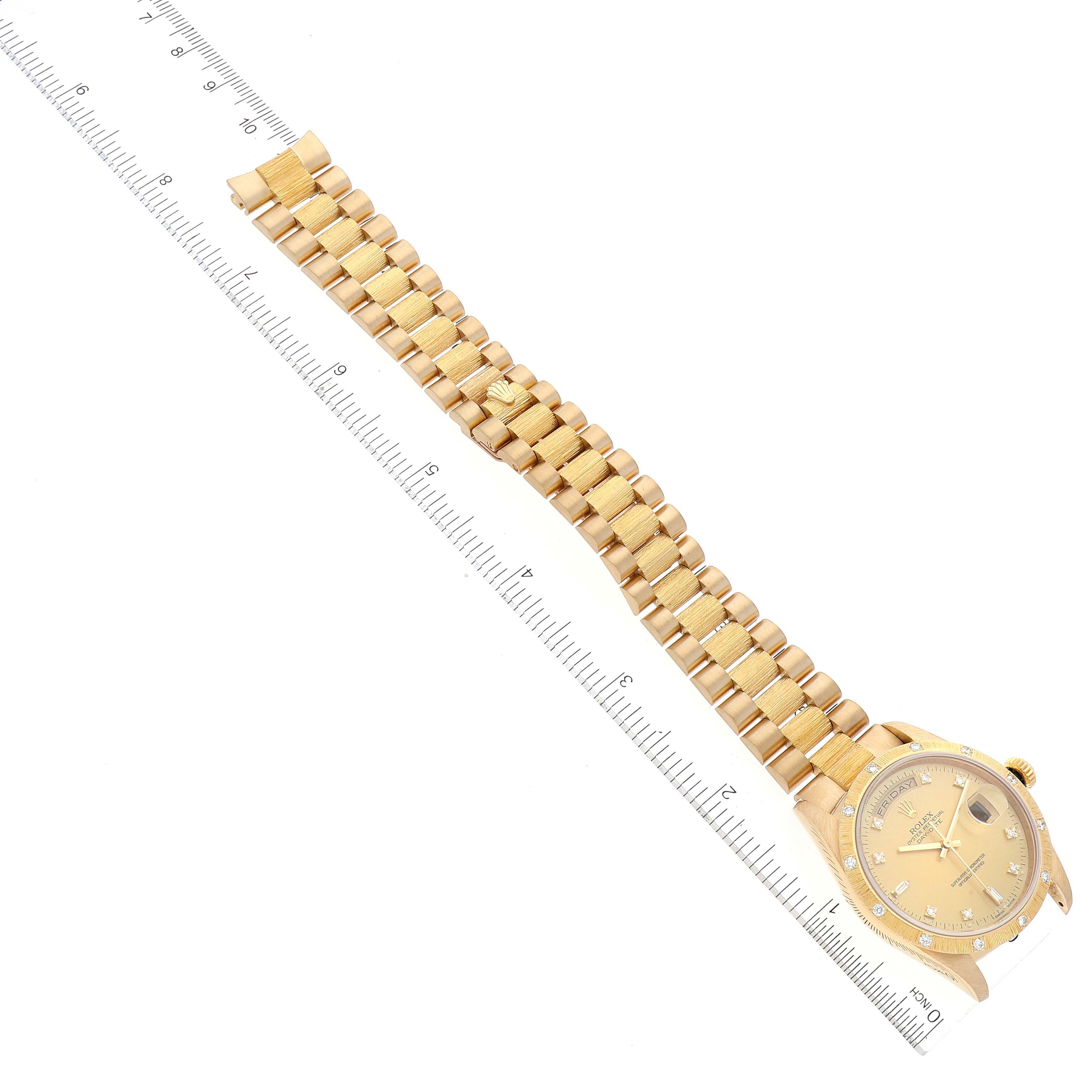 The image shows a Rolex President 18308 Men's Yellow Gold Champagne Dial 18308 Men's Yellow Gold Champagne Dial model watch laid flat, displaying the face, bracelet, and a ruler for scale.