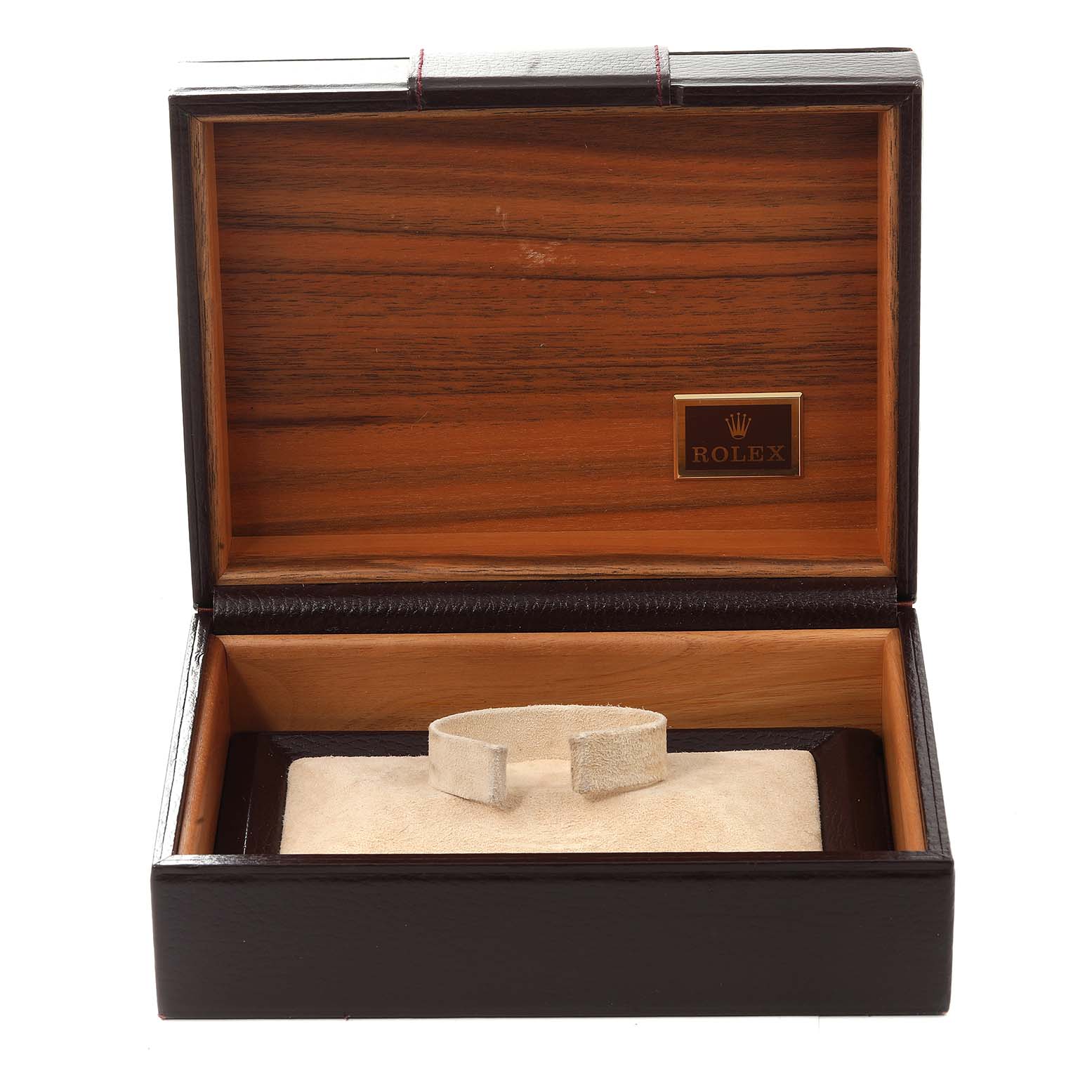 The image shows an open box for the Rolex President 18308 Men's Yellow Gold Champagne Dial 18308 Men's Yellow Gold Champagne Dial model watch, featuring the inner cushion and a Rolex-branded plaque.