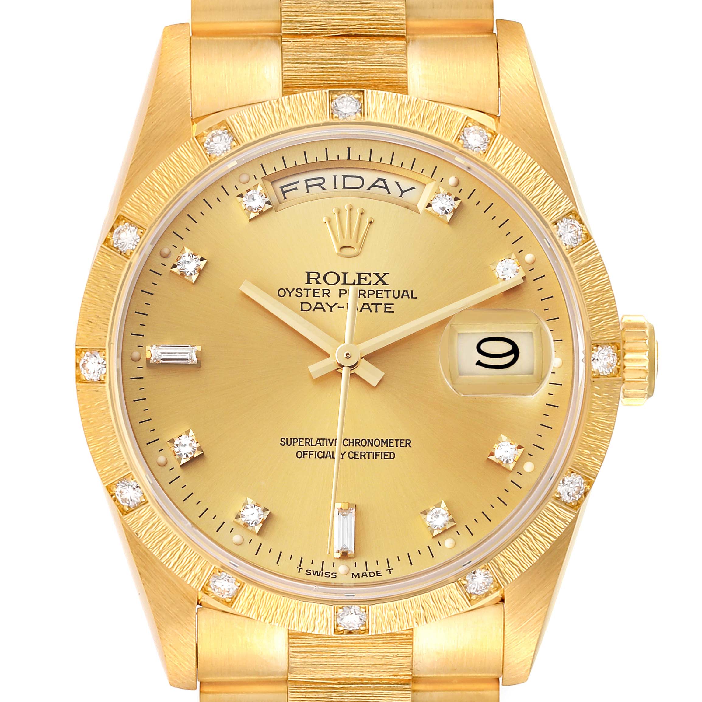 This image shows a close-up view of the face, bezel, and crown of a Rolex President 18308 Men's Yellow Gold Champagne Dial 18308 Men's Yellow Gold Champagne Dial Oyster Perpetual Day-Date watch.