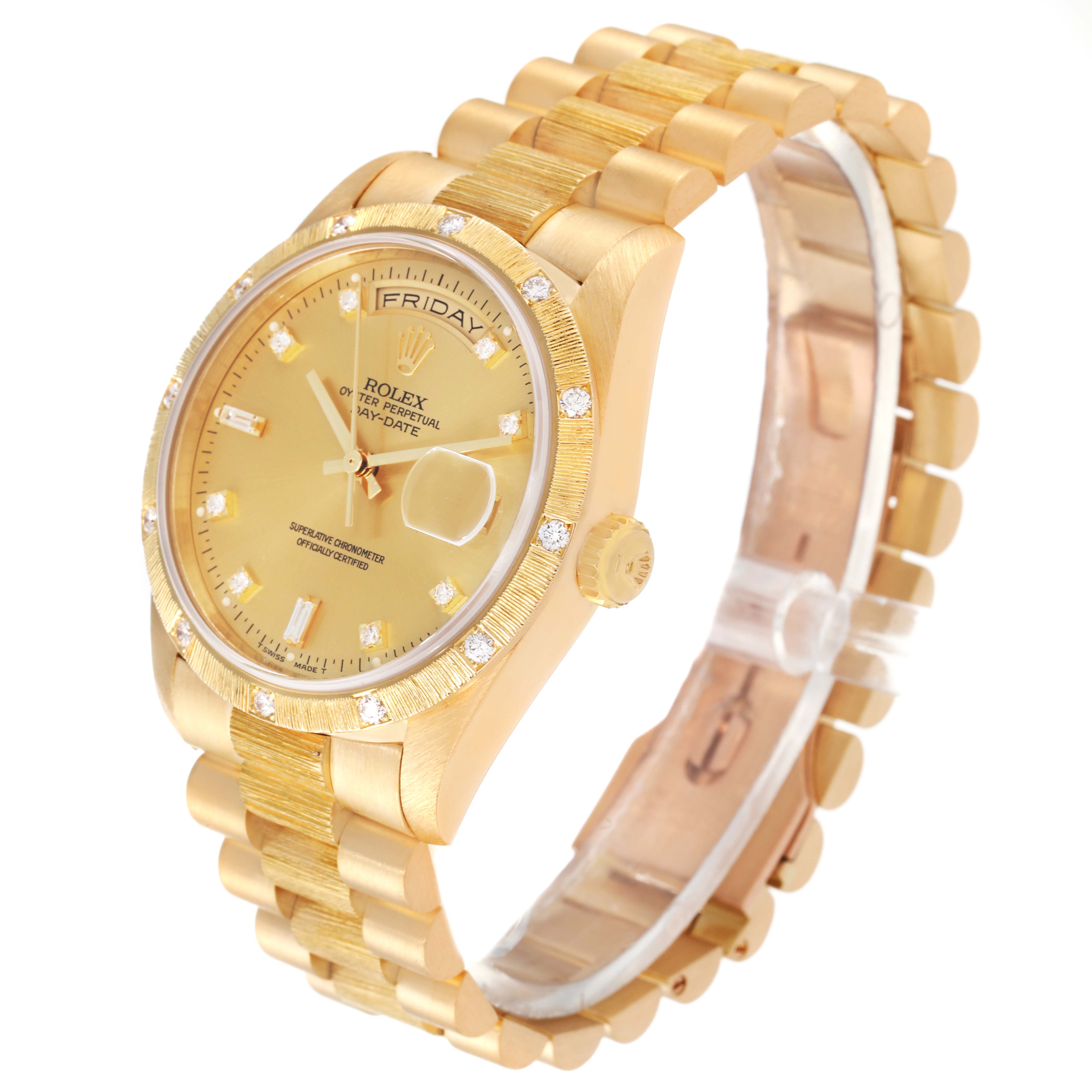 The image shows a Rolex President 18308 Men's Yellow Gold Champagne Dial 18308 Men's Yellow Gold Champagne Dial model watch at a three-quarter angle, highlighting the face, bezel, bracelet, and crown.