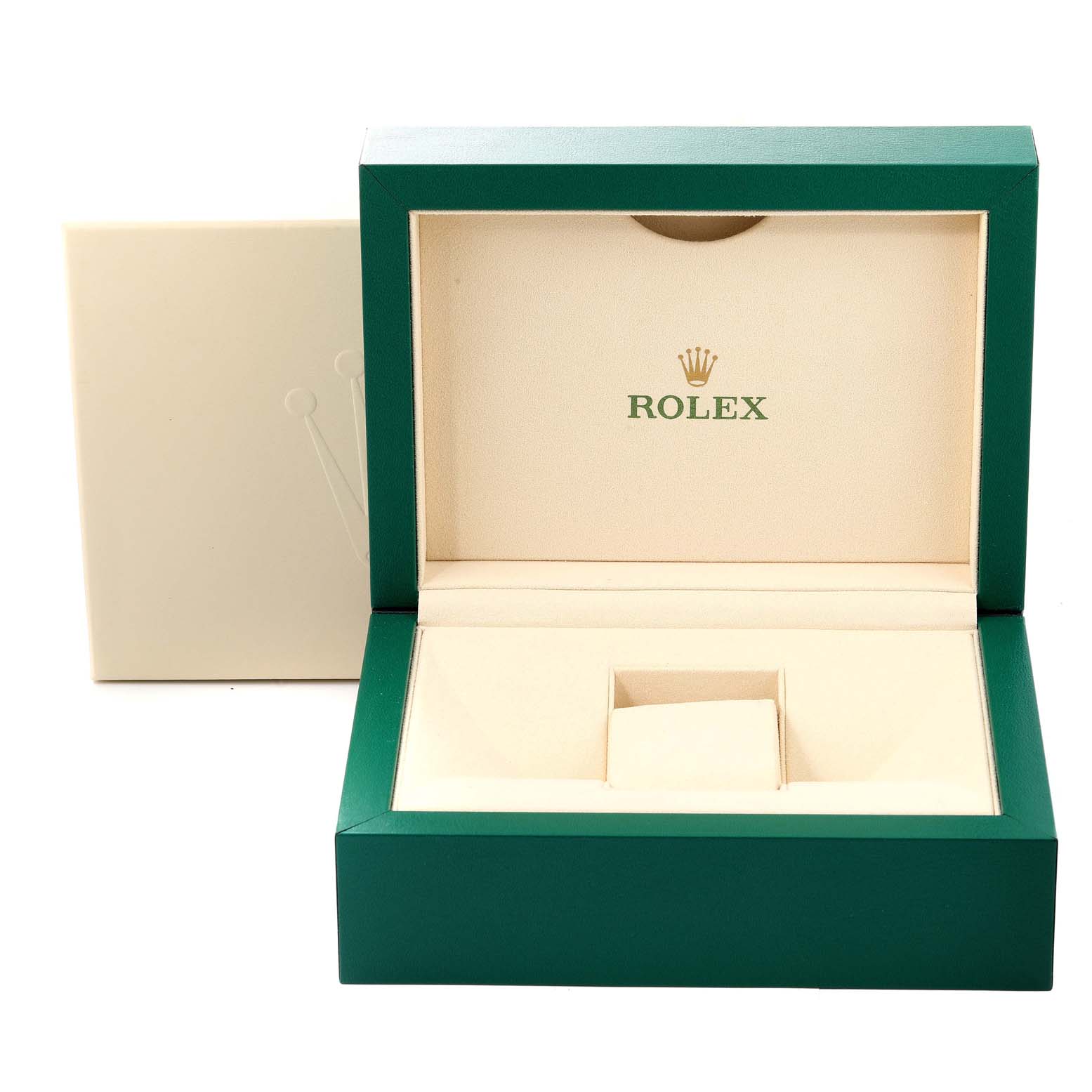 This image shows an empty Rolex President 118205 Men's Rose Gold Silver Dial 118205 Men's Rose Gold Silver Dial watch box with a green exterior and beige interior, featuring the Rolex logo.