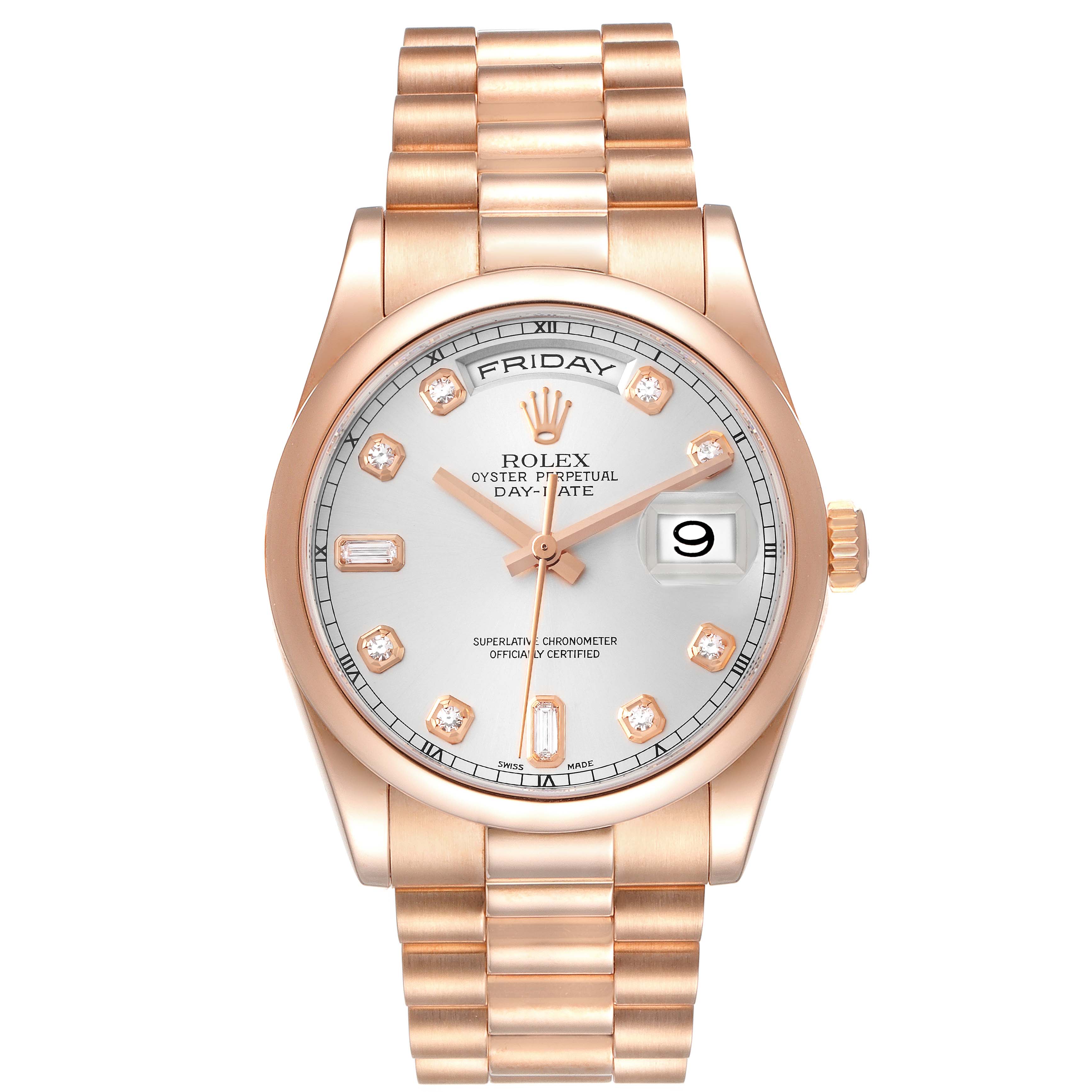 The image shows a frontal view of a Rolex President 118205 Men's Rose Gold Silver Dial 118205 Men's Rose Gold Silver Dial model watch with a rose gold bracelet, silver dial, and gem-set hour markers.