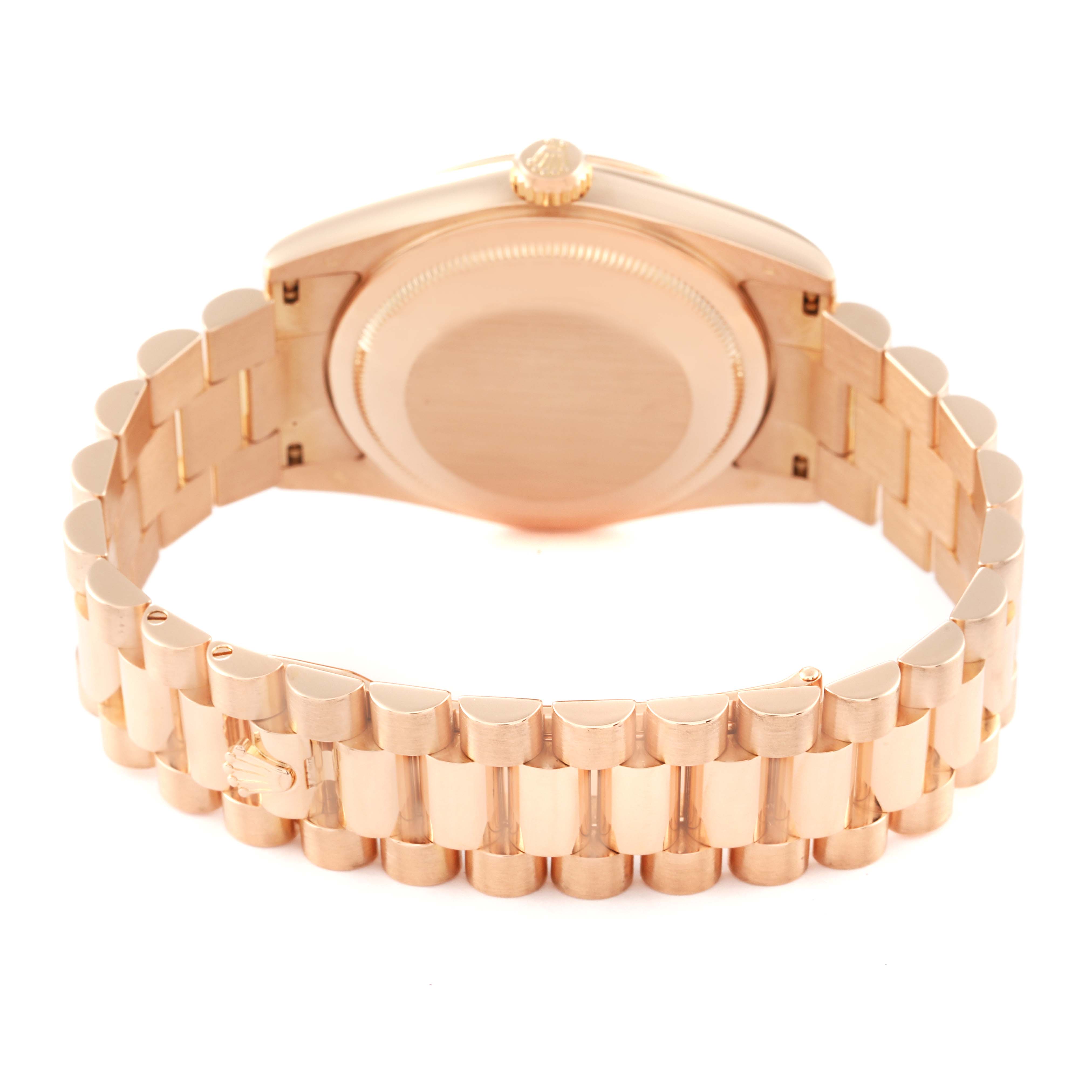 The image shows the back case and bracelet of a Rolex President 118205 Men's Rose Gold Silver Dial 118205 Men's Rose Gold Silver Dial model watch, viewed from the behind.