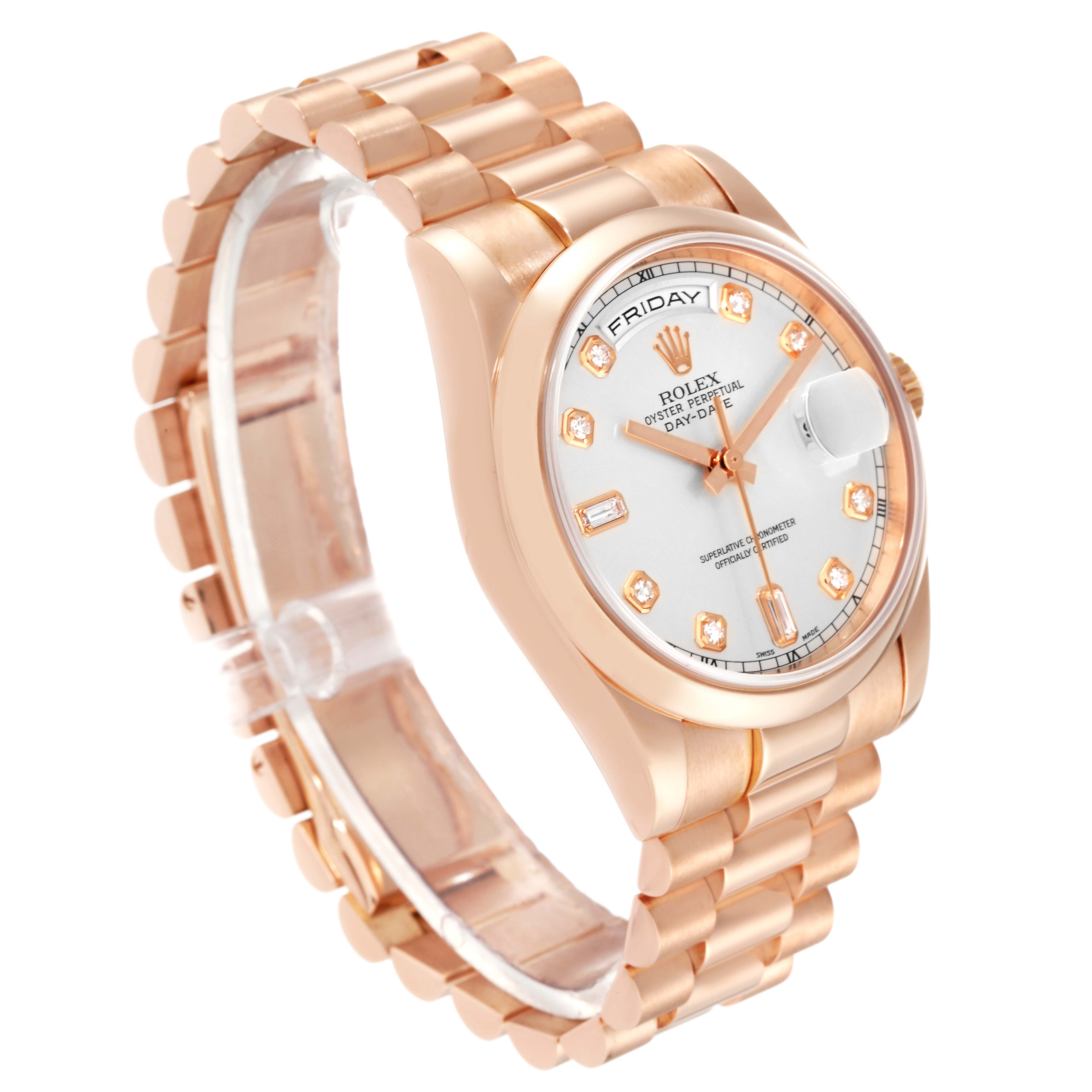 This image shows the Rolex President 118205 Men's Rose Gold Silver Dial 118205 Men's Rose Gold Silver Dial model watch from an angled top view, highlighting its dial, bracelet, and side profile.