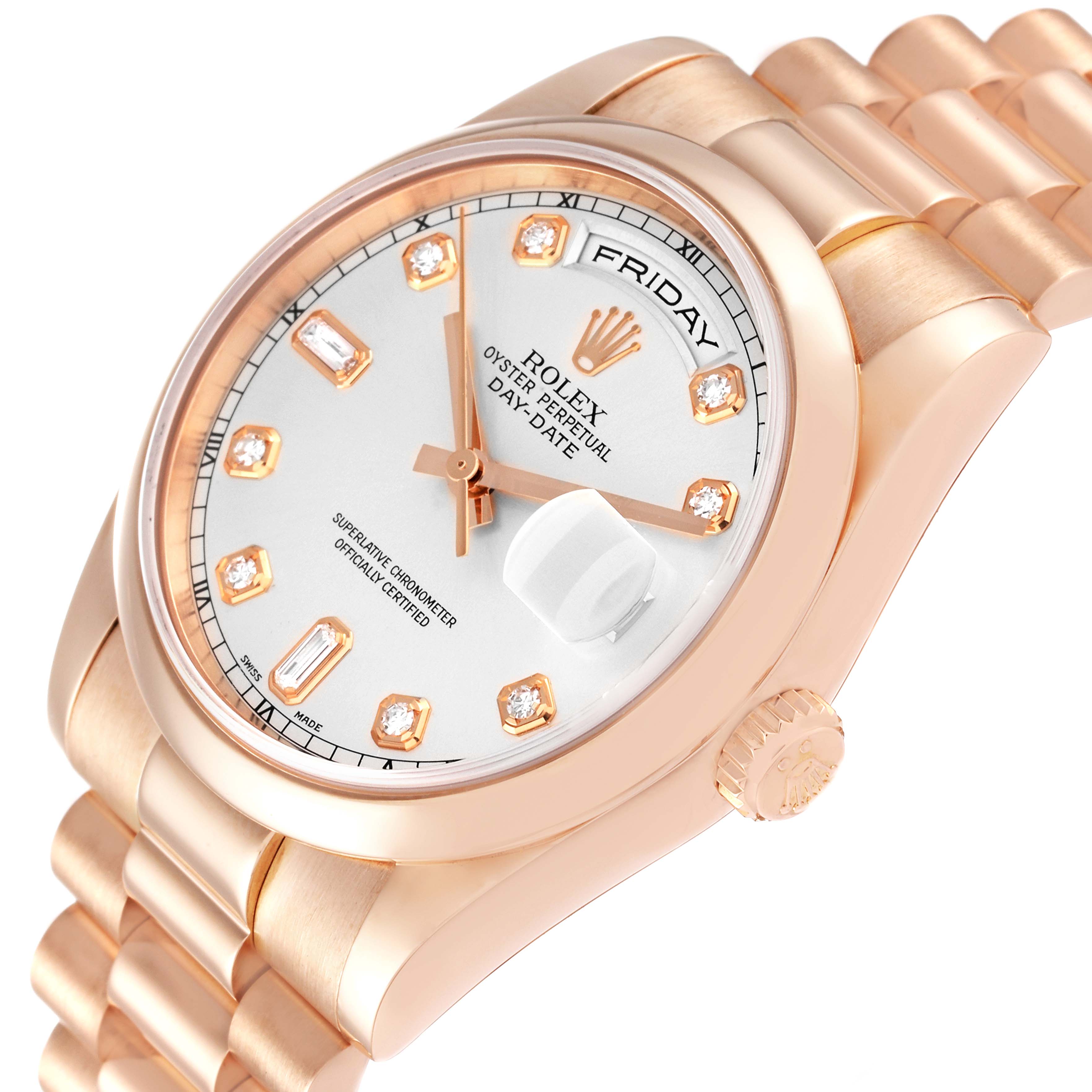 The Rolex President 118205 Men's Rose Gold Silver Dial 118205 Men's Rose Gold Silver Dial model is shown from a front-left angle, highlighting the dial, crown, and bracelet.