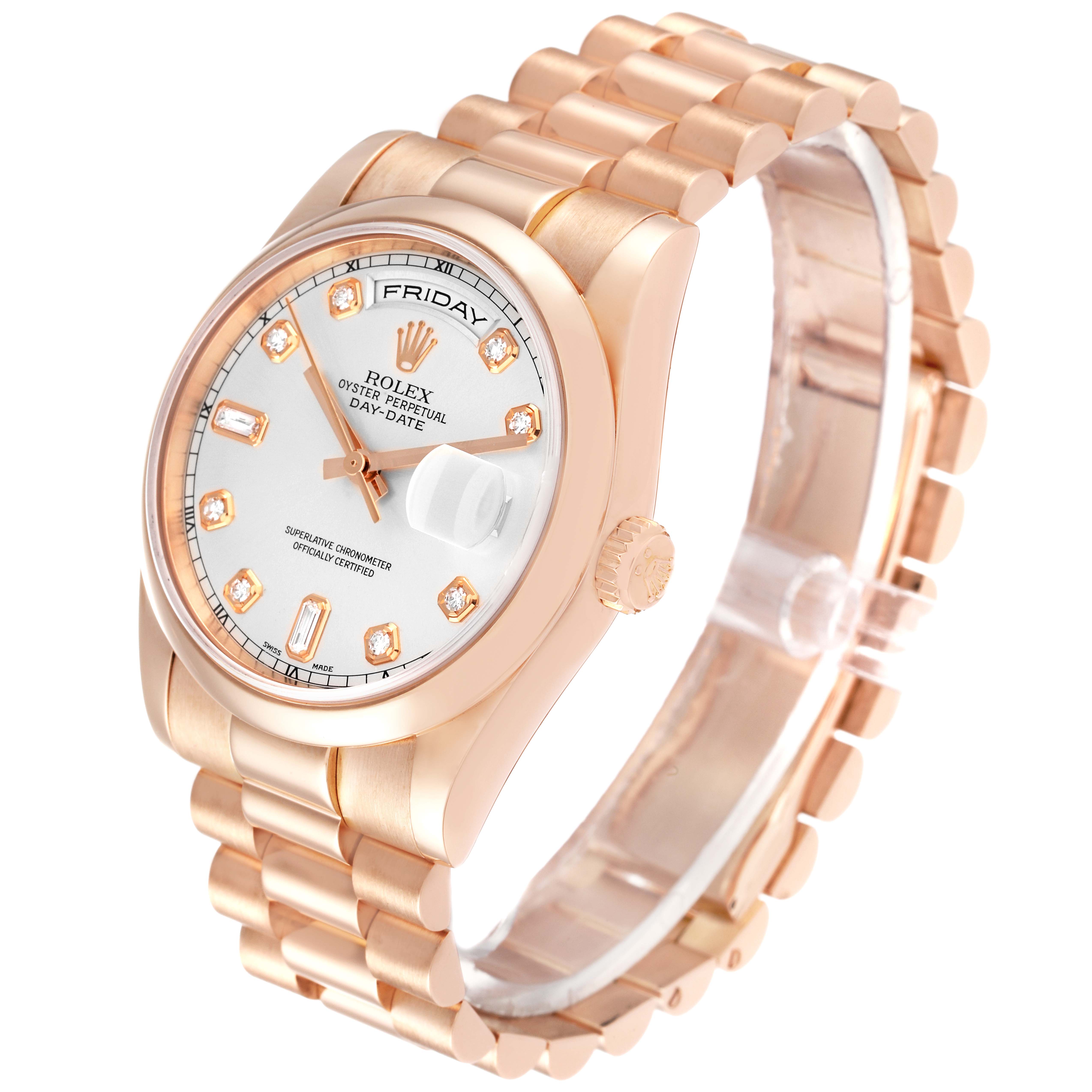 The image shows a Rolex President 118205 Men's Rose Gold Silver Dial 118205 Men's Rose Gold Silver Dial watch angled to display the face, bezel, crown, and bracelet.