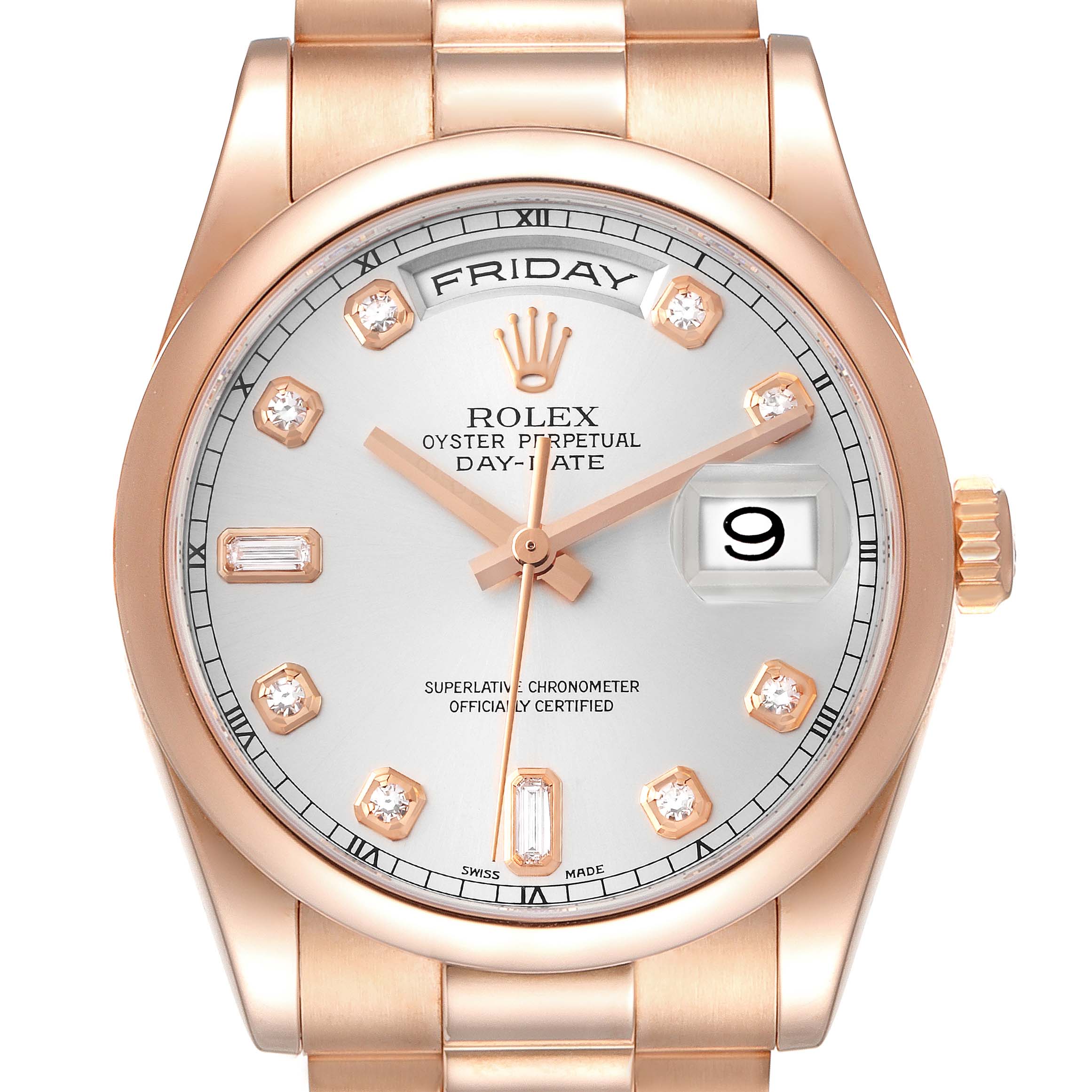 The image shows a front view of the Rolex President 118205 Men's Rose Gold Silver Dial 118205 Men's Rose Gold Silver Dial Day-Date watch, displaying the dial, hands, date, and bracelet.