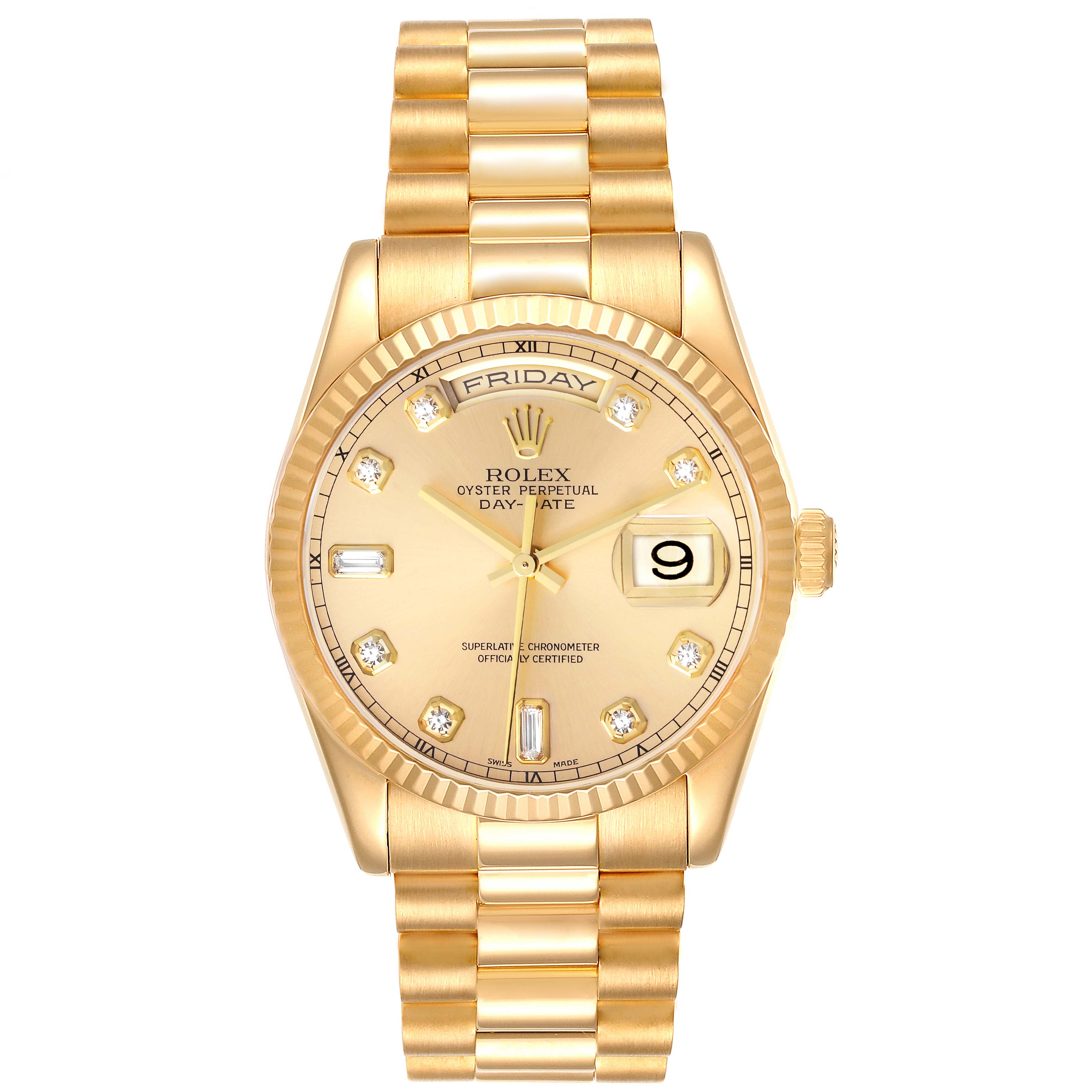 The Rolex President 118238 Men
s Yellow Gold Champagne Dial 118238 Men
s Yellow Gold Champagne Dial model watch is shown from a front view, displaying its face, dial, bracelet, and bezel.