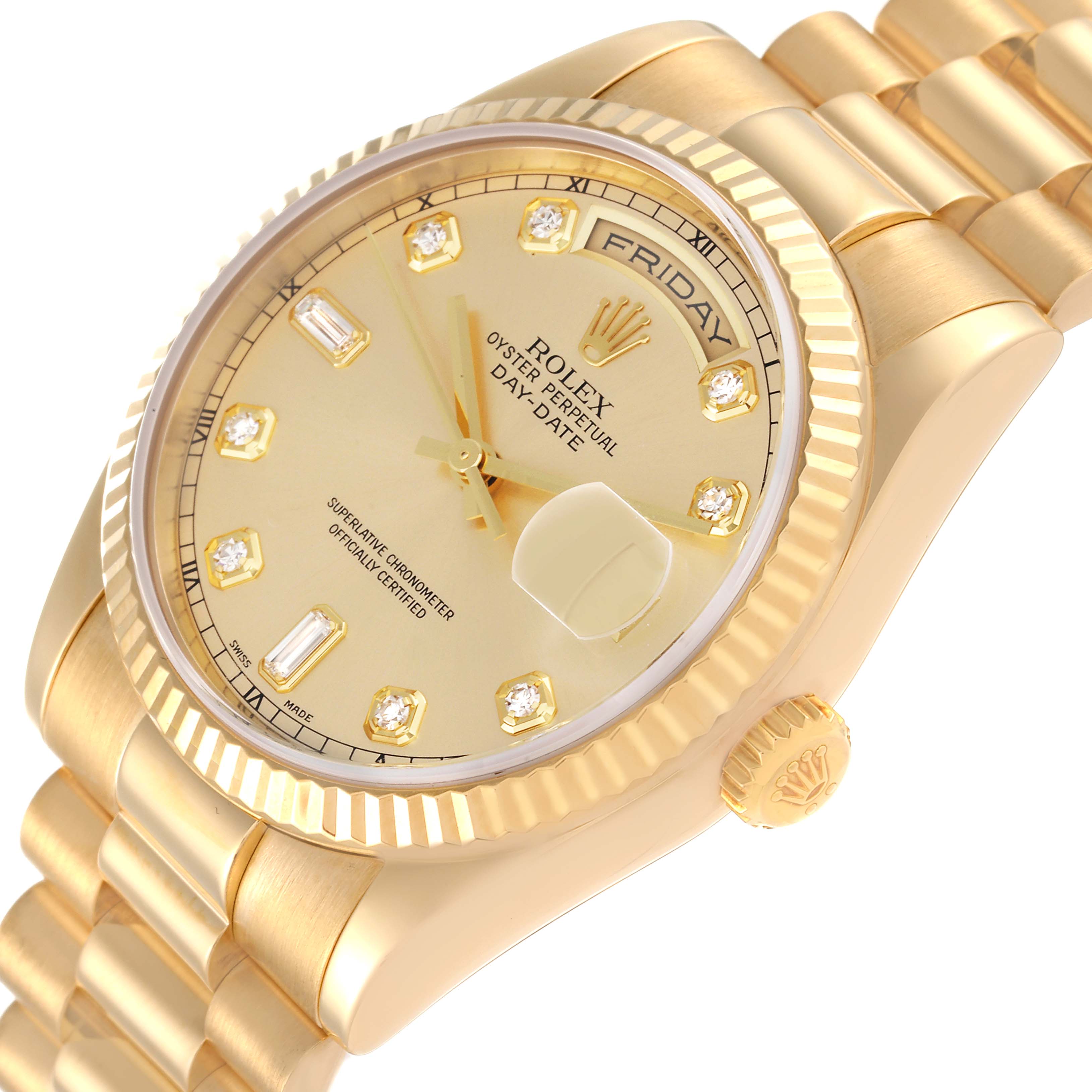 This image shows a close-up, angled view of the Rolex President 118238 Men
s Yellow Gold Champagne Dial 118238 Men
s Yellow Gold Champagne Dial Oyster Perpetual Day-Date watch, highlighting the face, bezel, and bracelet.