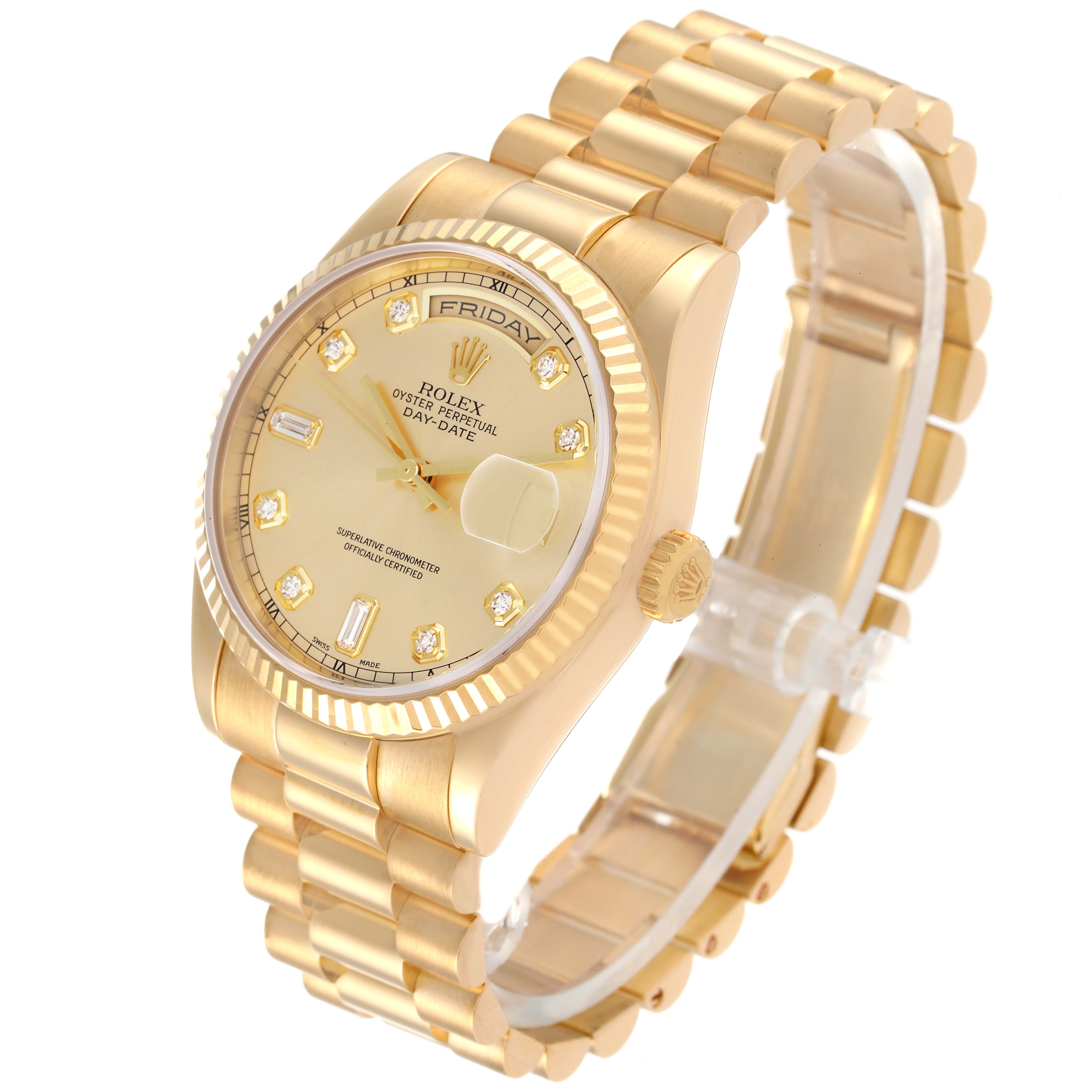 This is a side-angle view of a Rolex President 118238 Men
s Yellow Gold Champagne Dial 118238 Men
s Yellow Gold Champagne Dial model watch, showing the dial, bezel, crown, and bracelet.