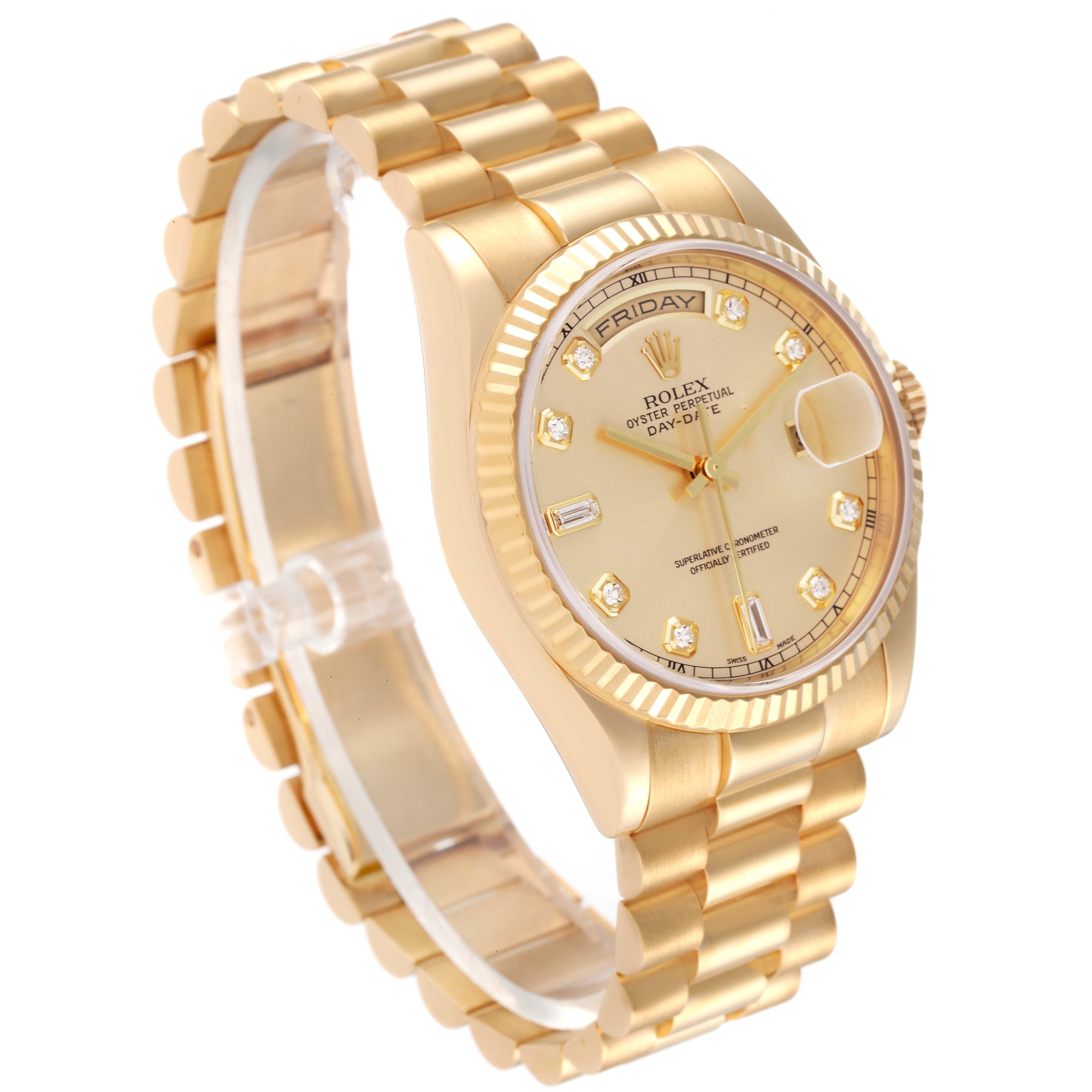 The Rolex President 118238 Men
s Yellow Gold Champagne Dial 118238 Men
s Yellow Gold Champagne Dial model watch is shown at an angled view, highlighting the bracelet, dial, crown, and case.