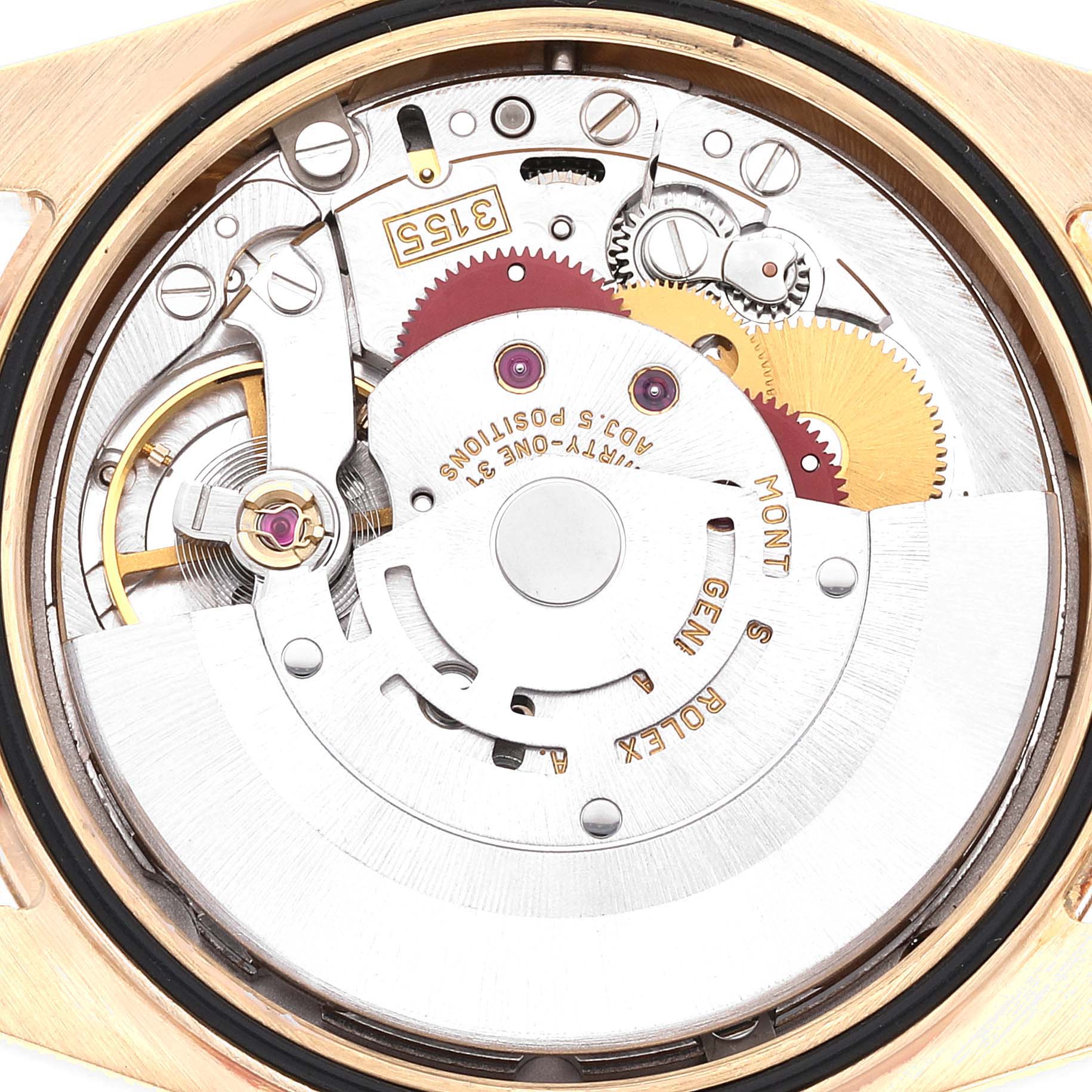 This image shows the intricate internal movement of the Rolex President 118238 Men
s Yellow Gold Champagne Dial 118238 Men
s Yellow Gold Champagne Dial model watch from a top-down angle.
