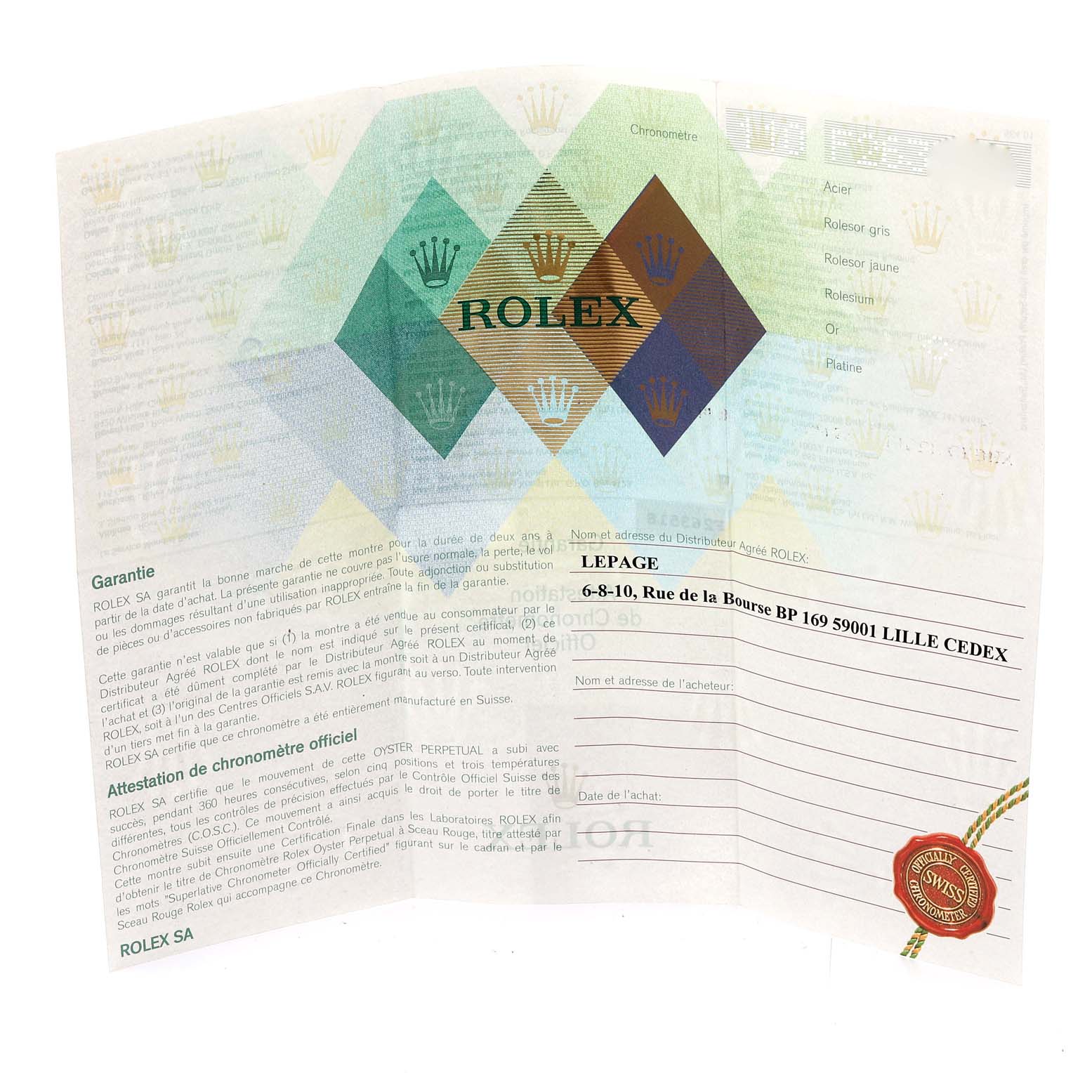 This image shows the guarantee and chronometer certificate for the Rolex President 118238 Men
s Yellow Gold Champagne Dial 118238 Men
s Yellow Gold Champagne Dial model.