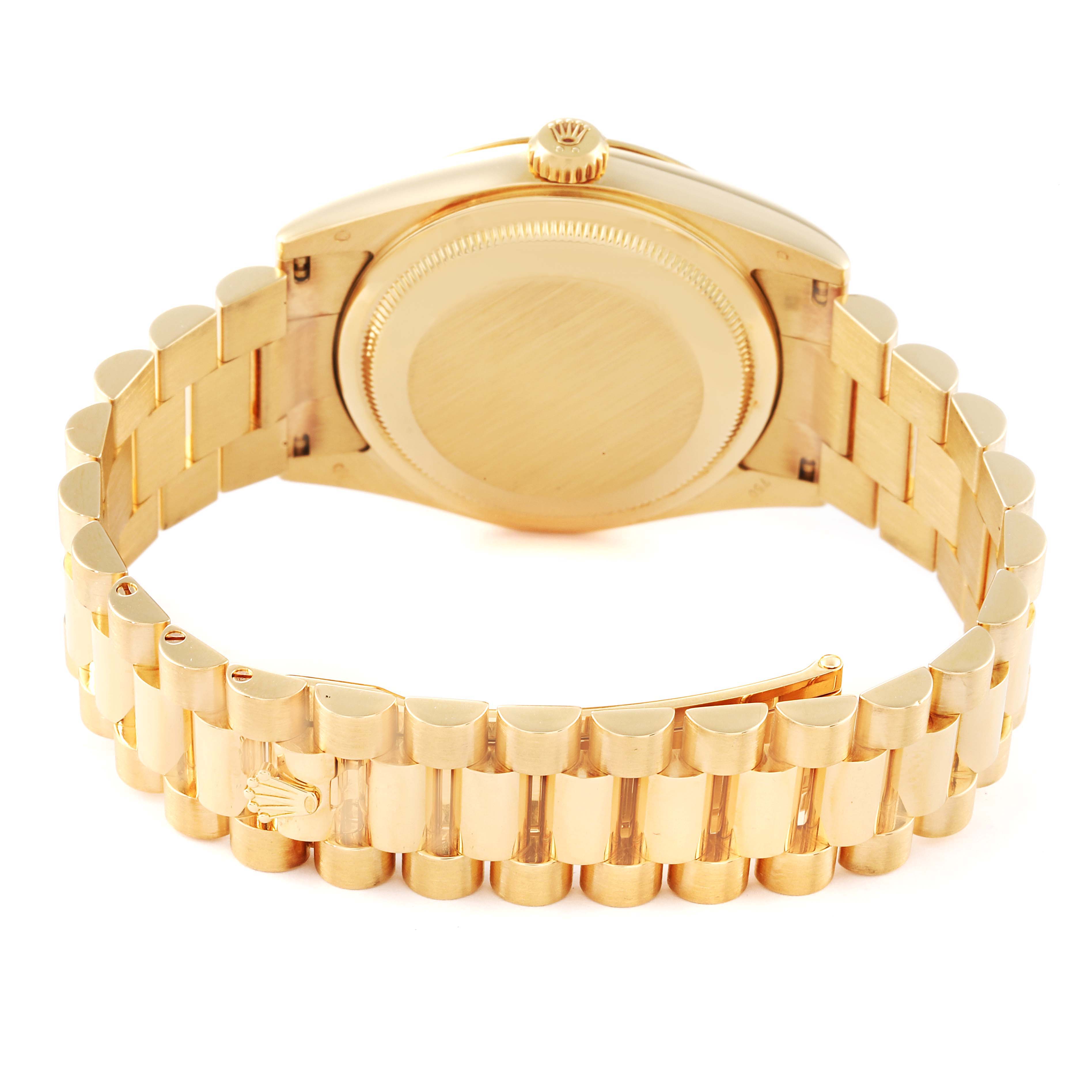 This image of the Rolex President 118238 Men
s Yellow Gold Champagne Dial 118238 Men
s Yellow Gold Champagne Dial model shows the back case, bracelet, and clasp at an angled rear view.