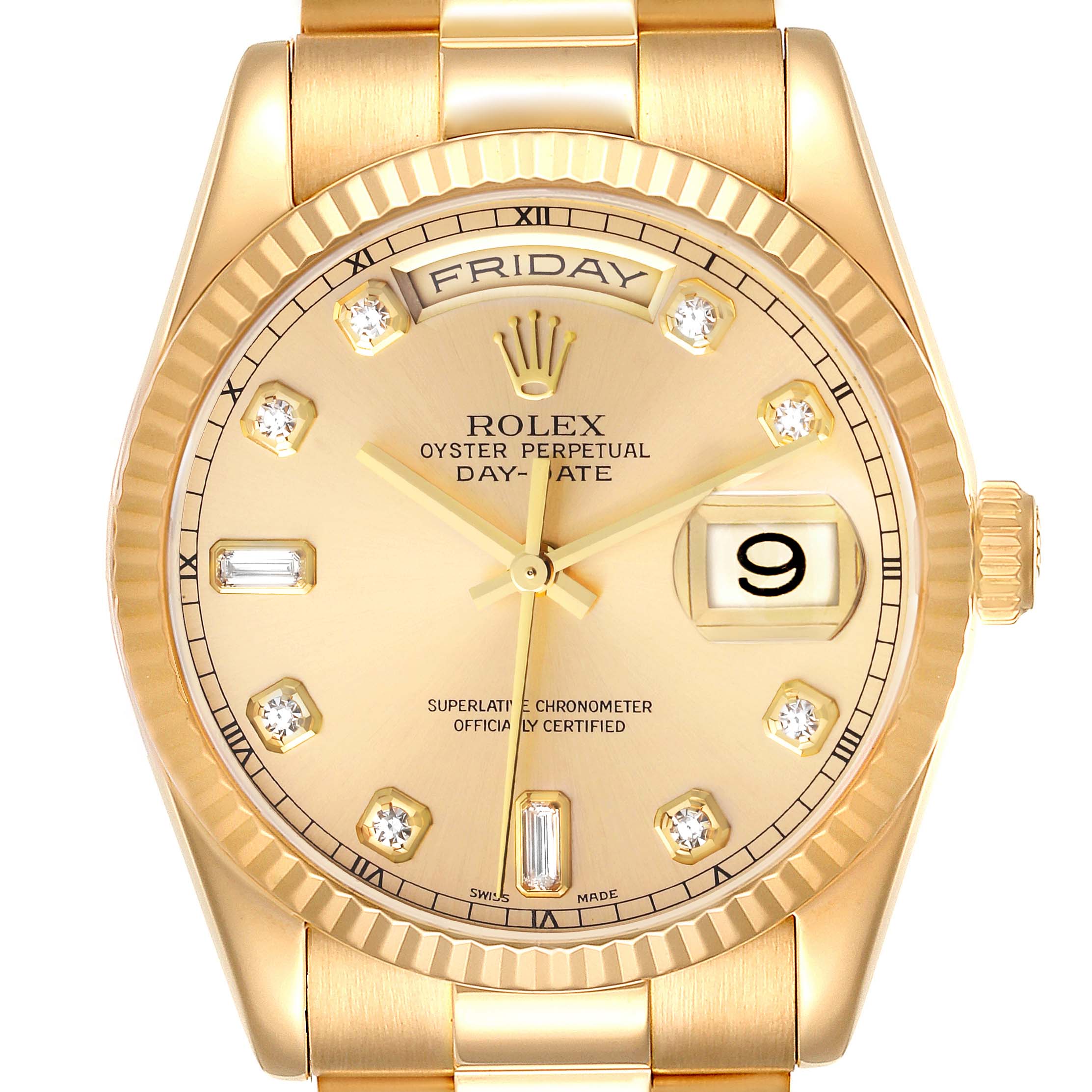 This image shows a front view of the Rolex President 118238 Men
s Yellow Gold Champagne Dial 118238 Men
s Yellow Gold Champagne Dial model watch, highlighting the dial, day-date display, and bracelet.
