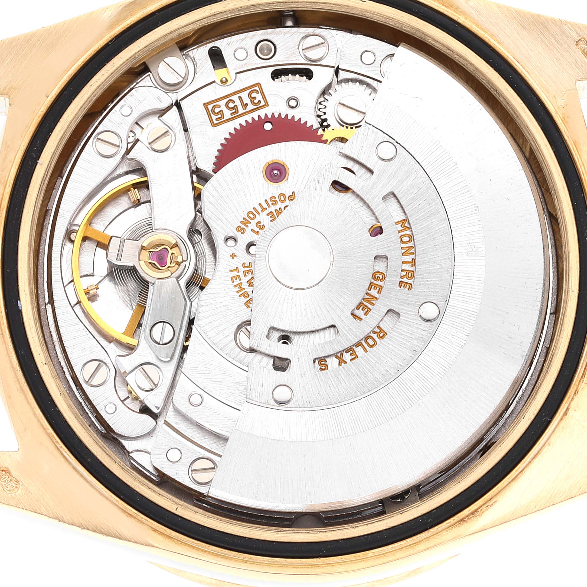 The image shows the movement and internal components of a Rolex President 18378 Men
s Yellow Gold Champagne Dial 18378 Men
s Yellow Gold Champagne Dial model watch from a rear angle.