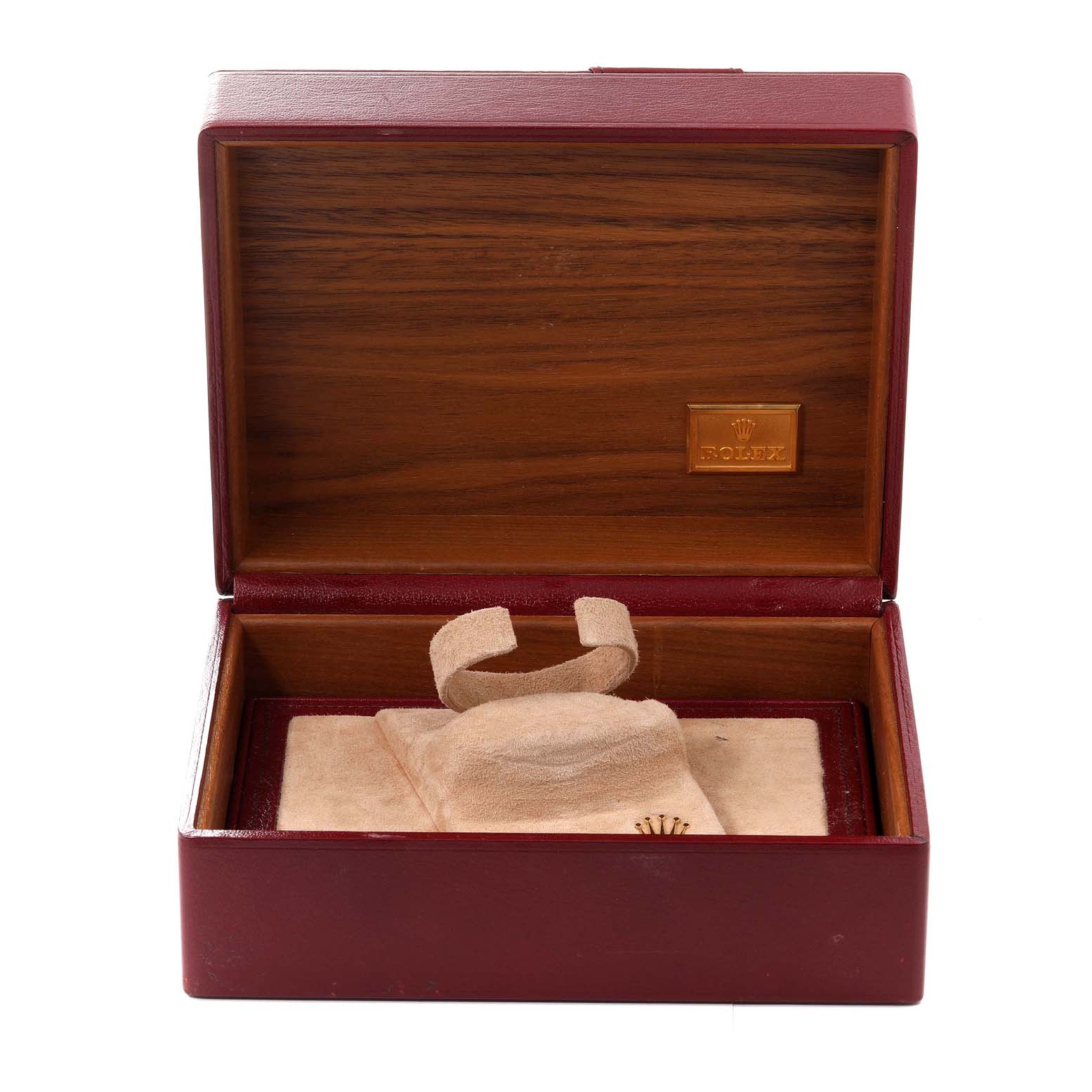 The image shows an open wooden and leather box with a cushioned holder for the Rolex President 18378 Men
s Yellow Gold Champagne Dial 18378 Men
s Yellow Gold Champagne Dial model watch.