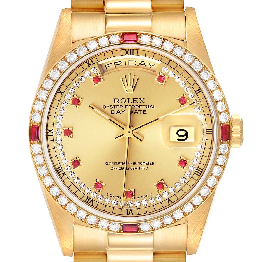 Rolex President Day-Date Yellow Gold String Diamond Ruby Dial Watch 18378 SwissWatchExpo