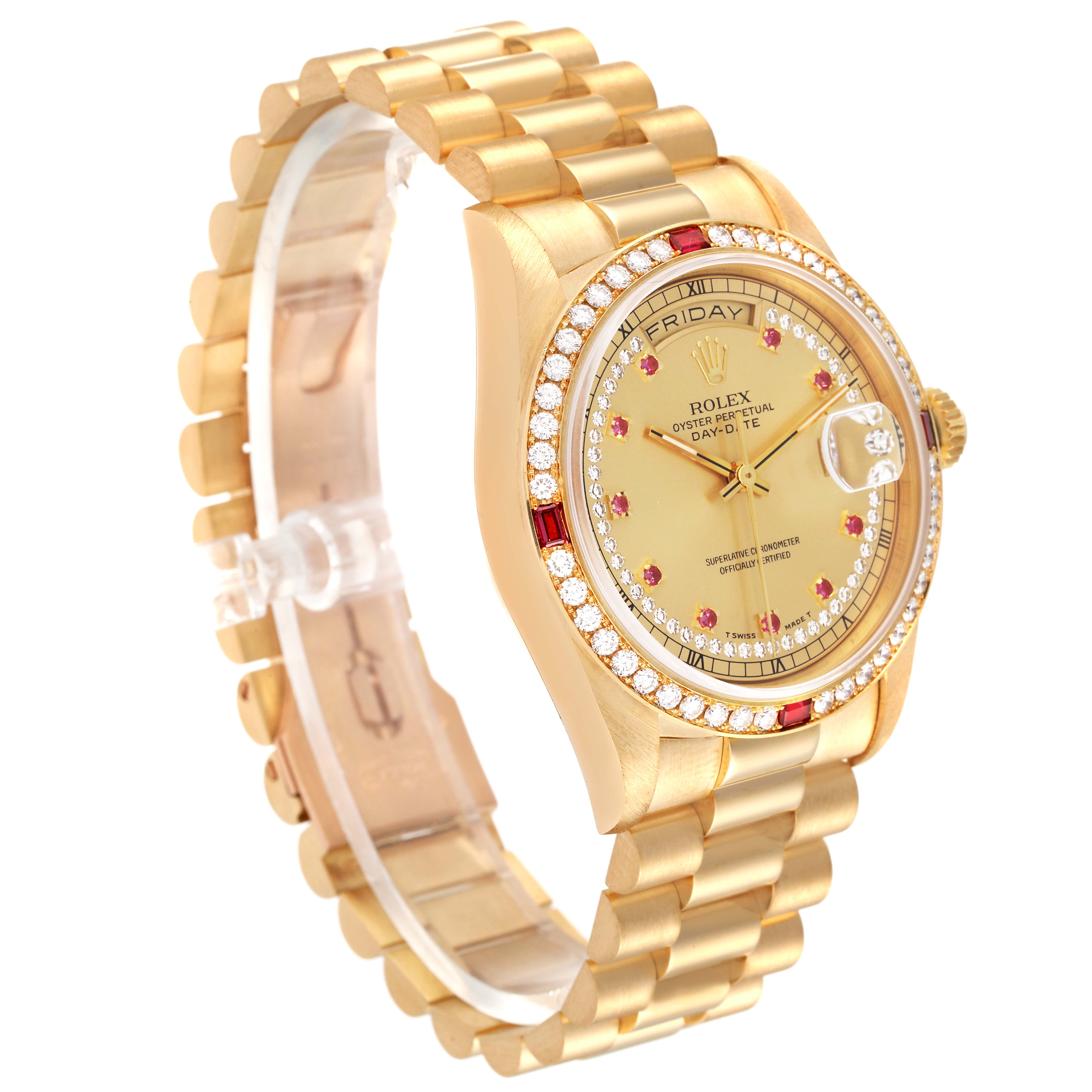 The Rolex President 18378 Men
s Yellow Gold Champagne Dial 18378 Men
s Yellow Gold Champagne Dial model watch is shown from an oblique angle, displaying its face, bezel, and bracelet.