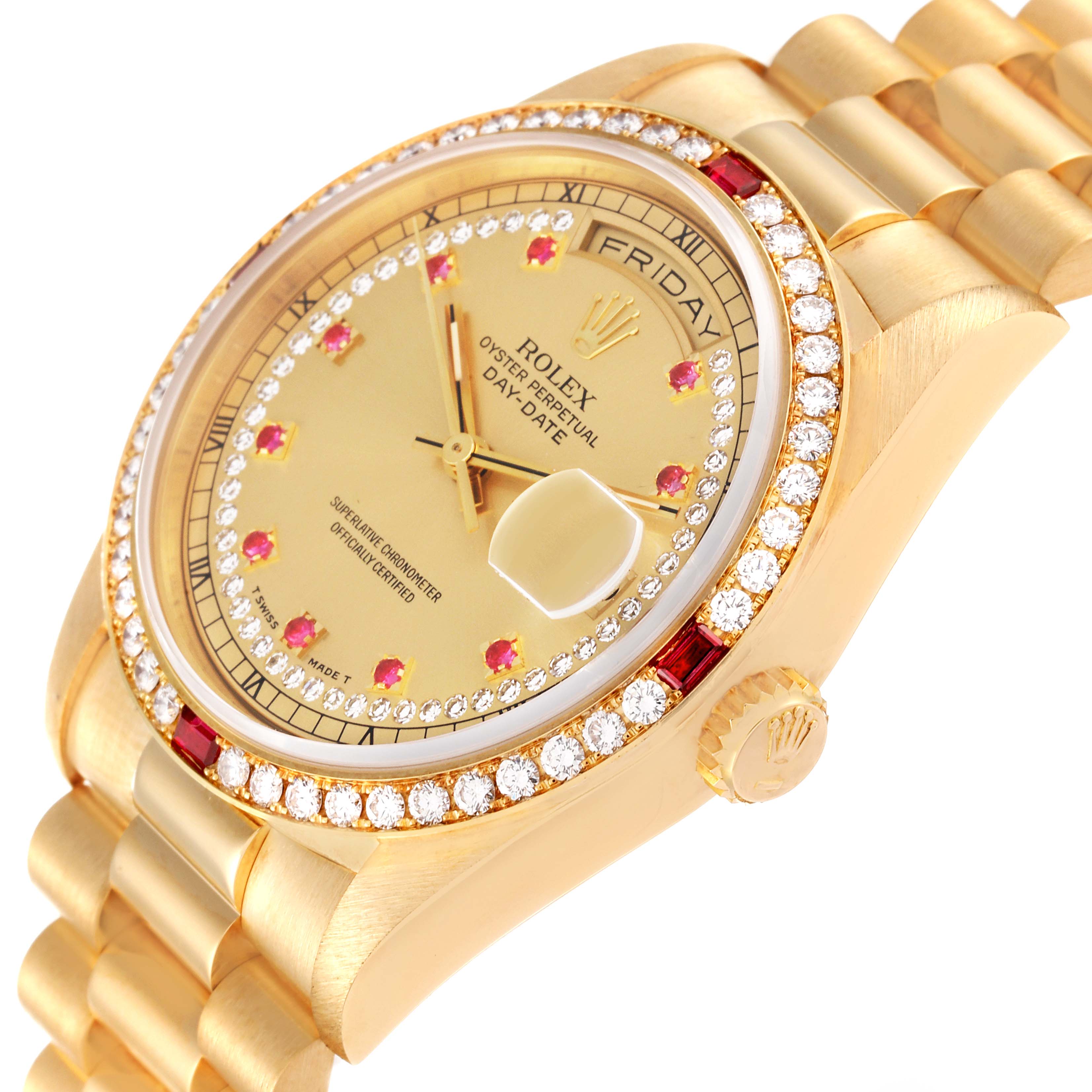 This image shows a close-up of the Rolex President 18378 Men
s Yellow Gold Champagne Dial 18378 Men
s Yellow Gold Champagne Dial watch at a slight angle, highlighting the dial, bezel, and part of the bracelet.