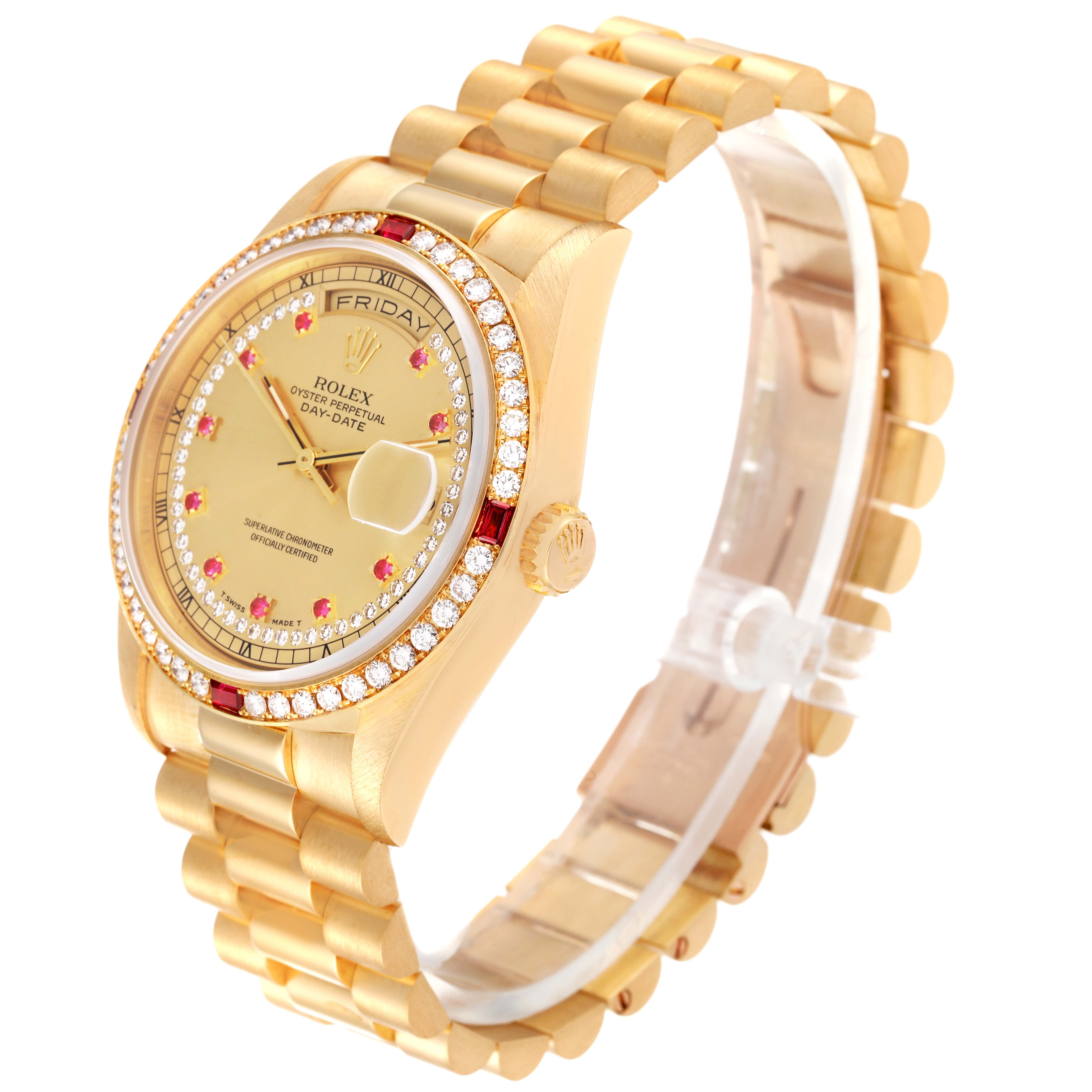 The Rolex President 18378 Men
s Yellow Gold Champagne Dial 18378 Men
s Yellow Gold Champagne Dial model watch is shown at a slight angle, displaying the face, bezel, bracelet, and crown.