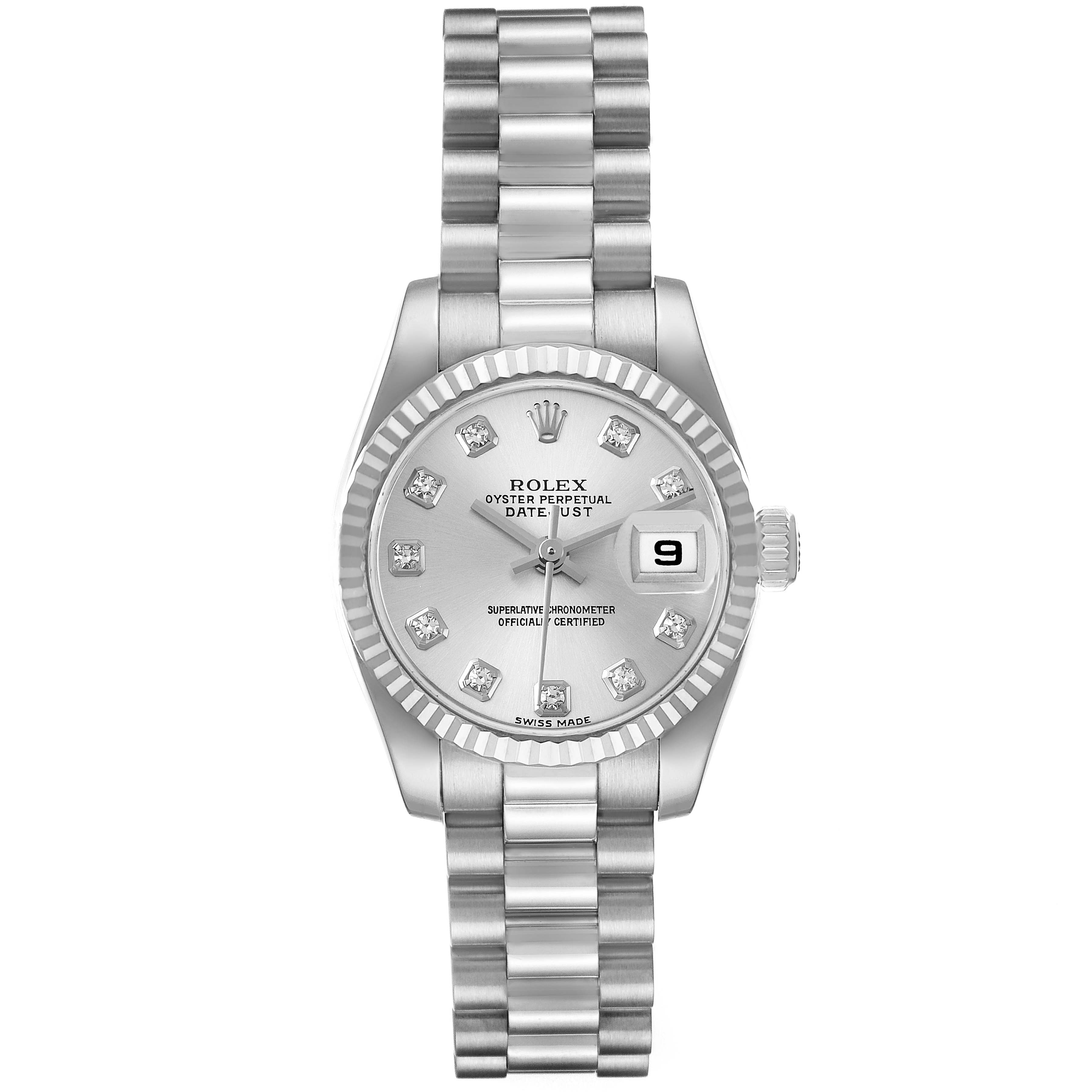 The Rolex President 179179 Women's White Gold Silver Dial 179179 Women's White Gold Silver Dial model watch is shown from the front, displaying the bracelet, dial, crown, and date window.