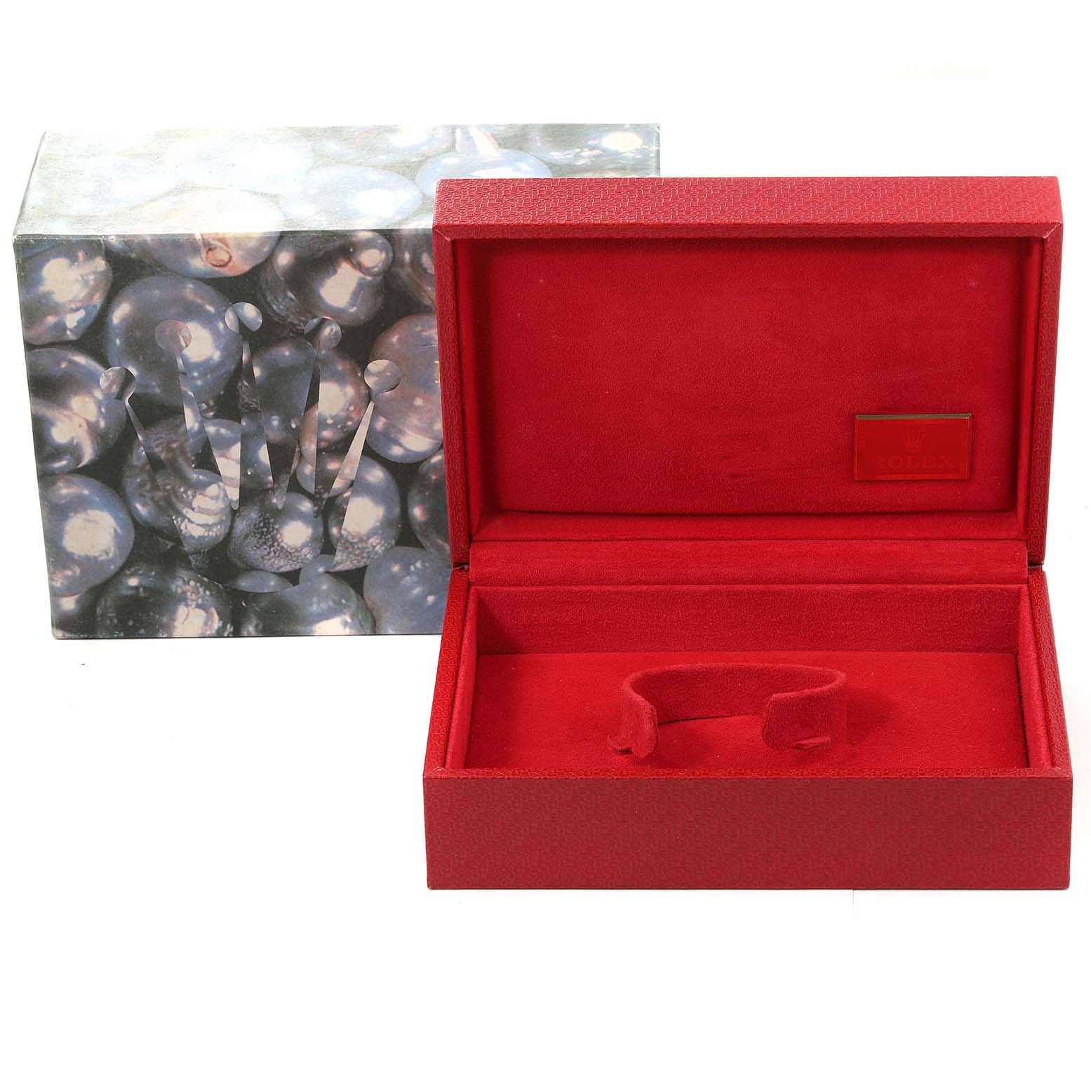 The image shows an empty Rolex President 179179 Women's White Gold Silver Dial 179179 Women's White Gold Silver Dial model watch box from a frontal angle, featuring a red interior and decorative exterior slip case.