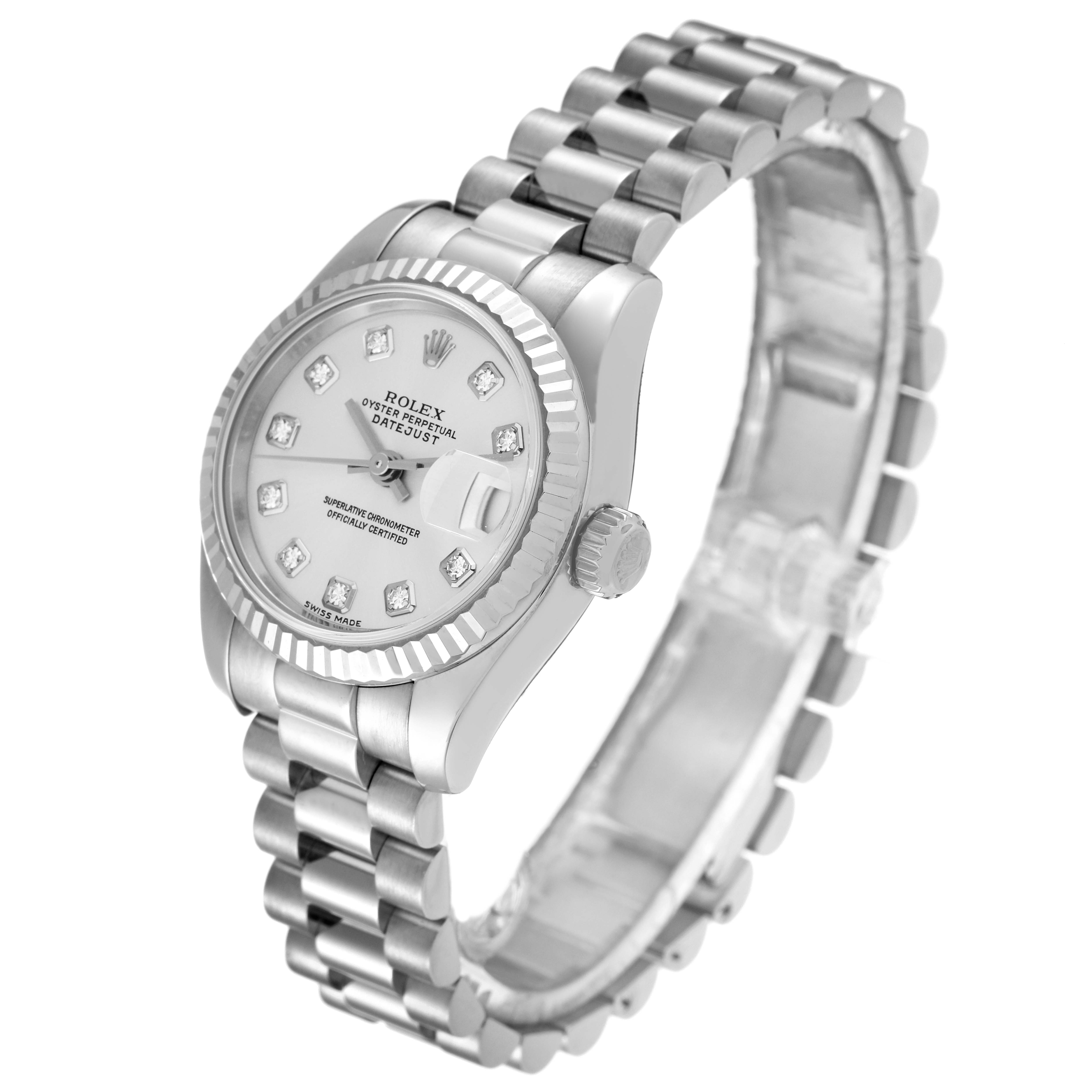 The Rolex President 179179 Women's White Gold Silver Dial 179179 Women's White Gold Silver Dial model watch is shown at a three-quarter angle, showcasing the face, bezel, crown, and bracelet.