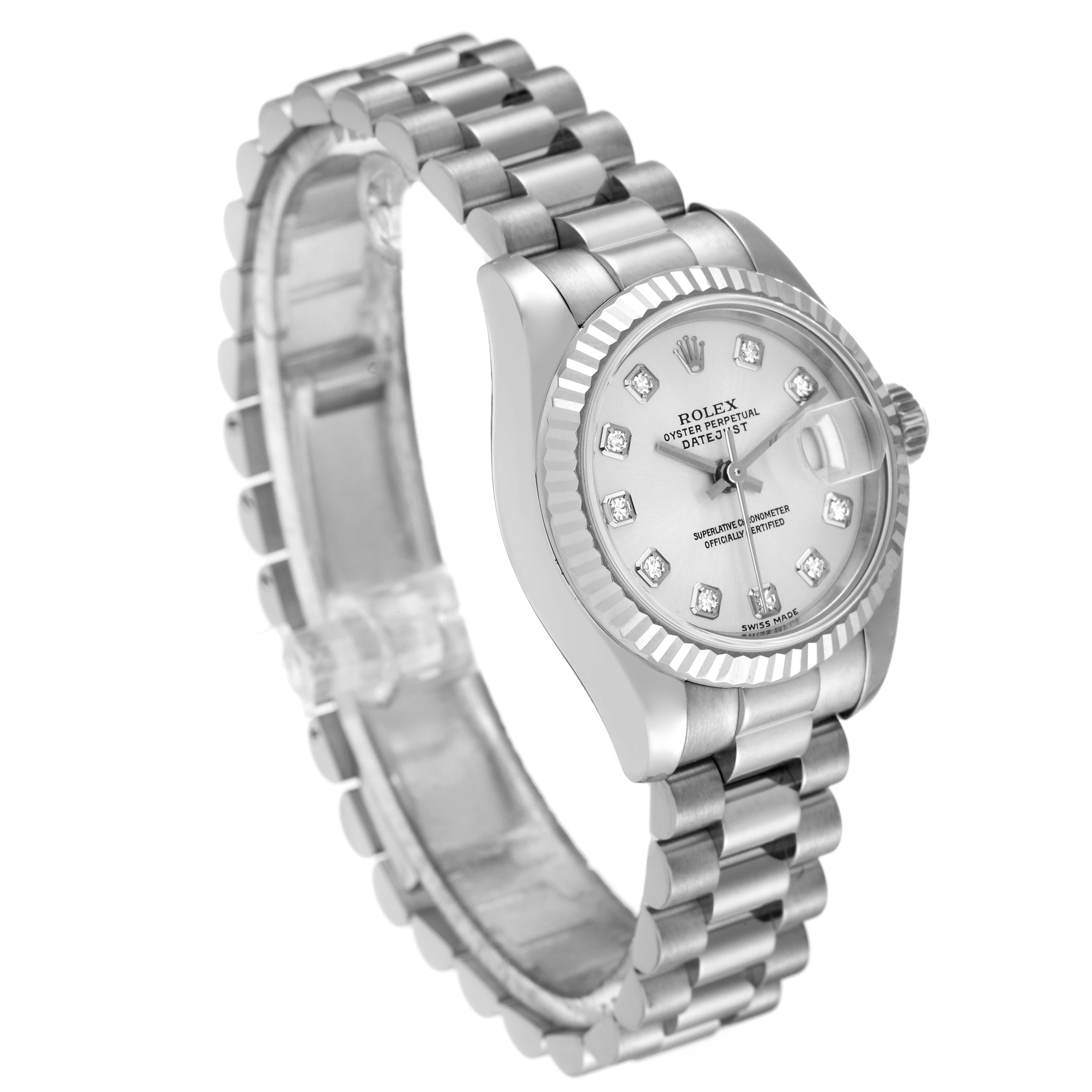 The Rolex President 179179 Women's White Gold Silver Dial 179179 Women's White Gold Silver Dial model watch is shown at a three-quarter angle focusing on the face, bezel, and bracelet.
