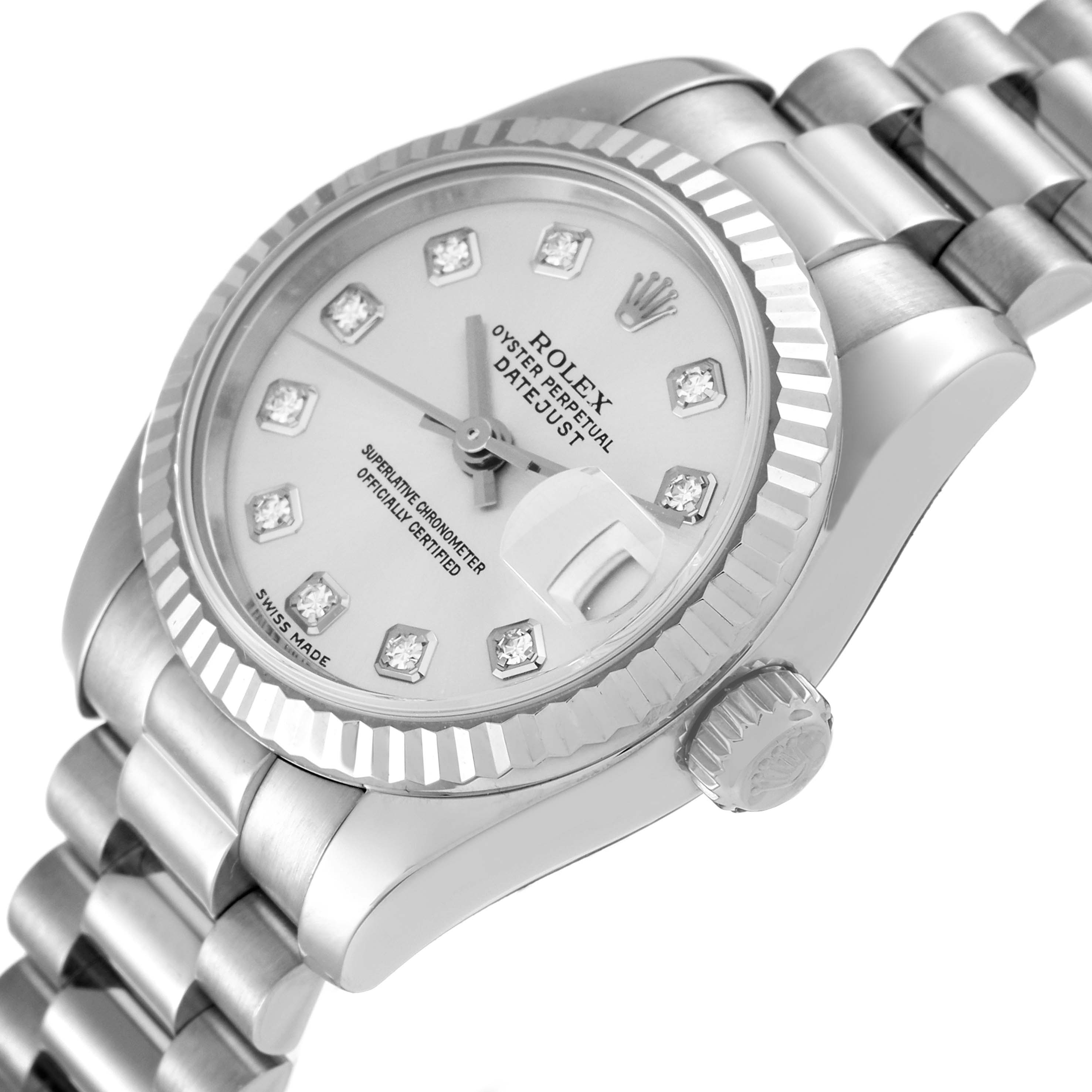The image shows a Rolex President 179179 Women's White Gold Silver Dial 179179 Women's White Gold Silver Dial model watch at an angled view, highlighting the face, bezel, crown, and part of the bracelet.