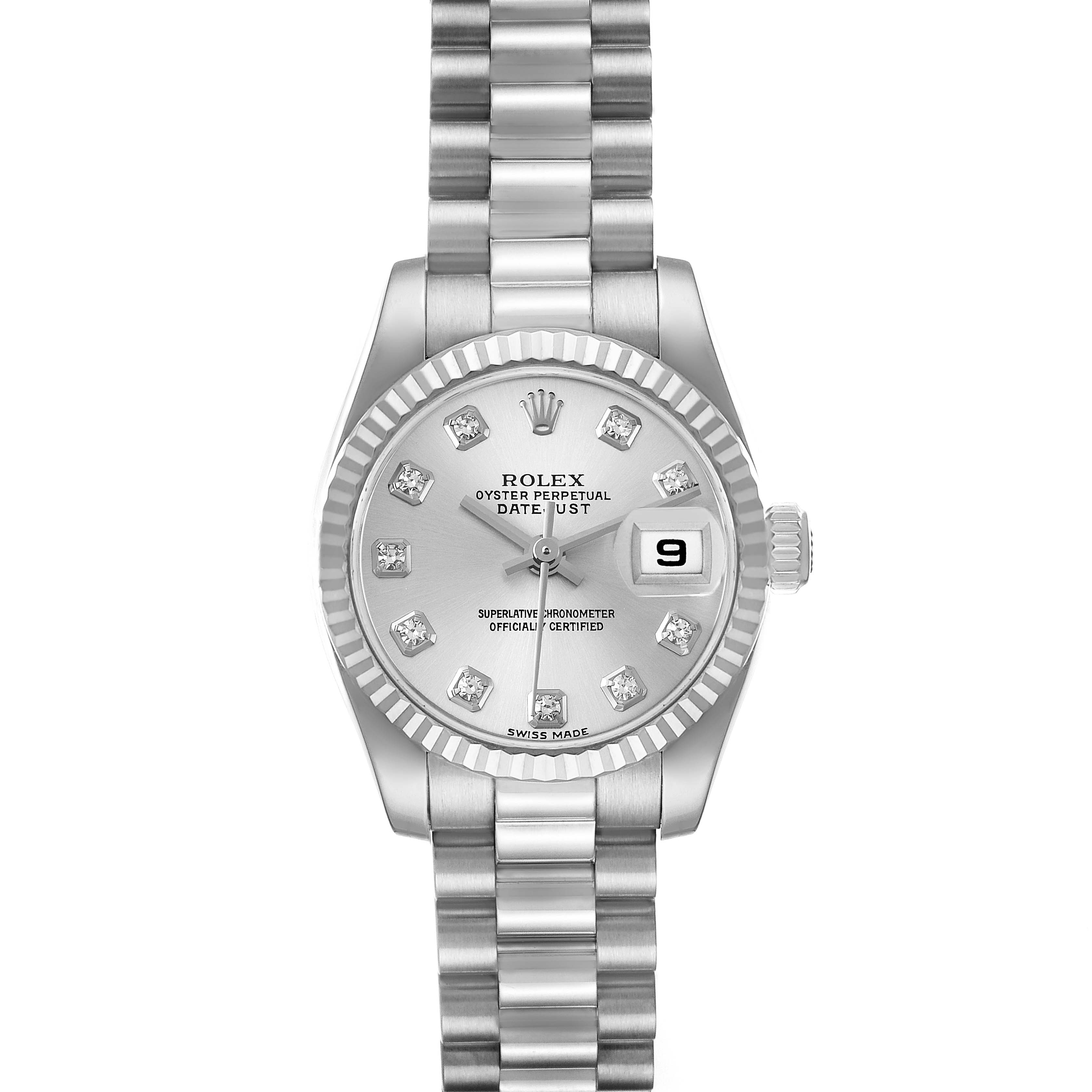 The image shows a frontal view of a Rolex President 179179 Women's White Gold Silver Dial 179179 Women's White Gold Silver Dial model watch, displaying the face, bezel, crown, and bracelet.