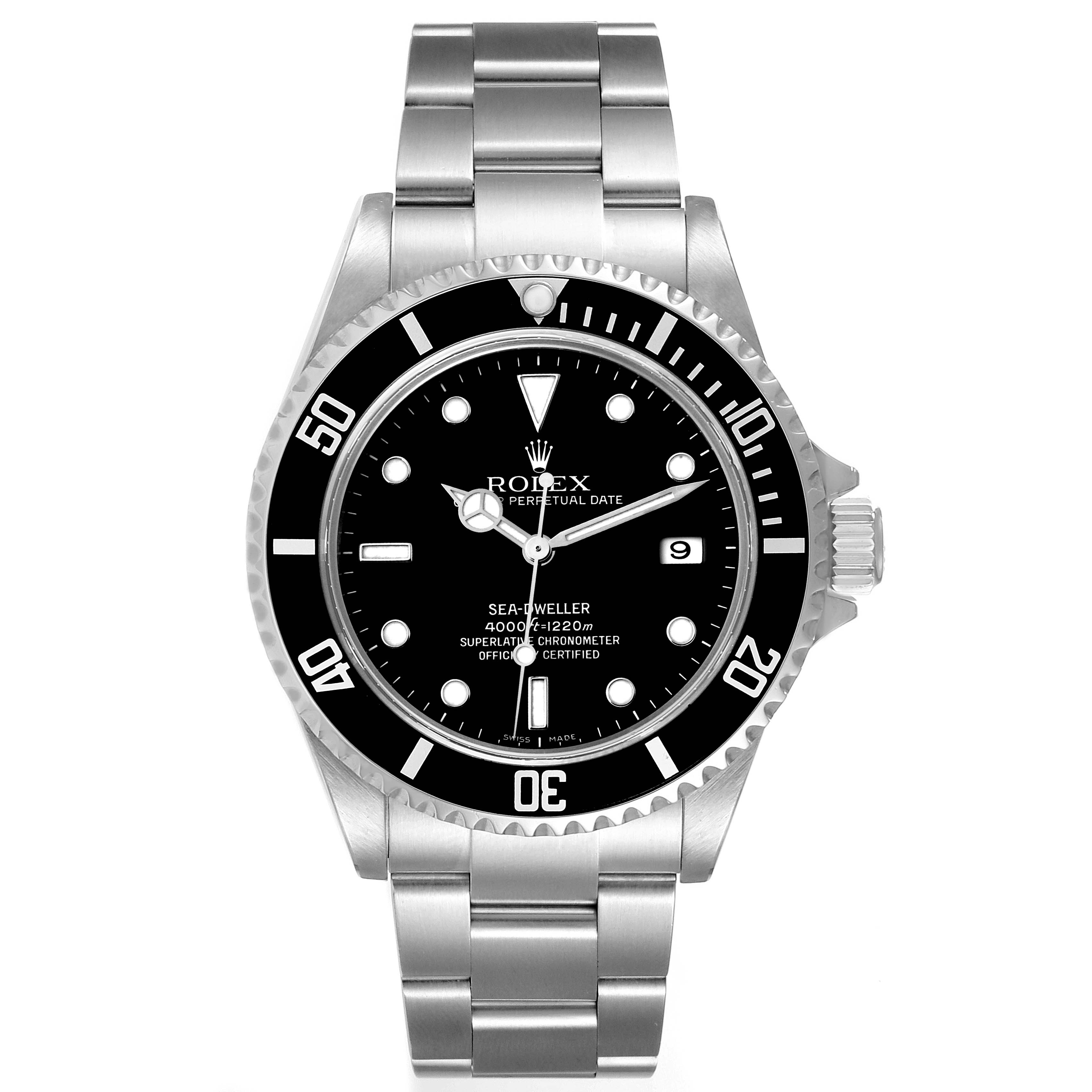 This image shows a front view of a Rolex Sea-Dweller 16600 Men
s Stainless Steel Black Dial 16600 Men
s Stainless Steel Black Dial watch, highlighting its dial, bezel, and bracelet.