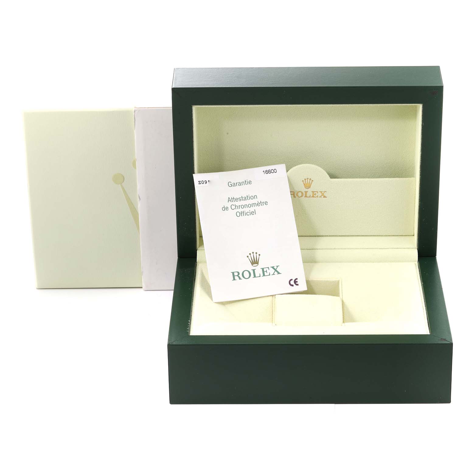 This image shows the opened green box and warranty card for the Rolex Sea-Dweller 16600 Men
s Stainless Steel Black Dial 16600 Men
s Stainless Steel Black Dial.