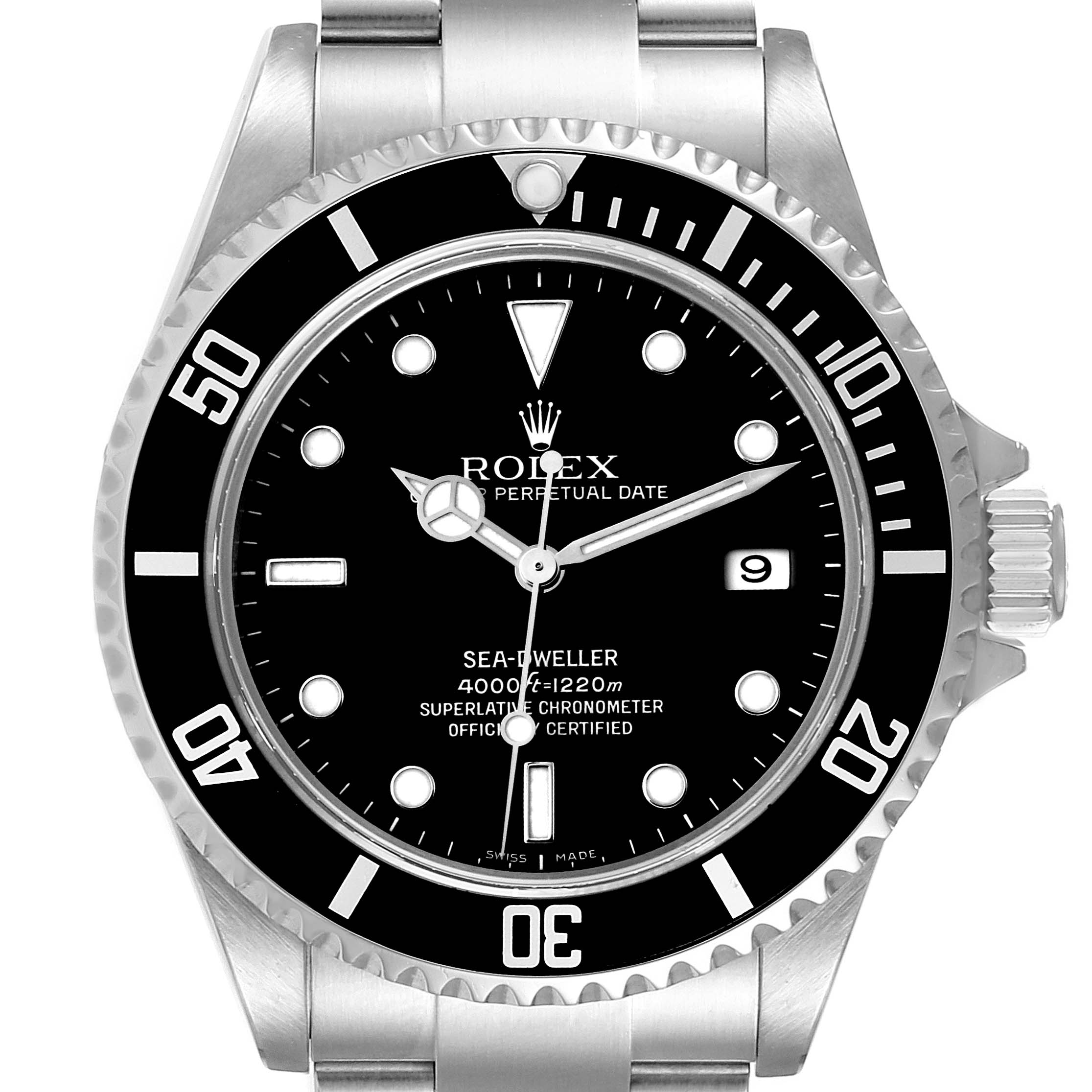 The Rolex Sea-Dweller 16600 Men
s Stainless Steel Black Dial 16600 Men
s Stainless Steel Black Dial watch is shown from a front angle, featuring its bezel, dial, hands, and date display.