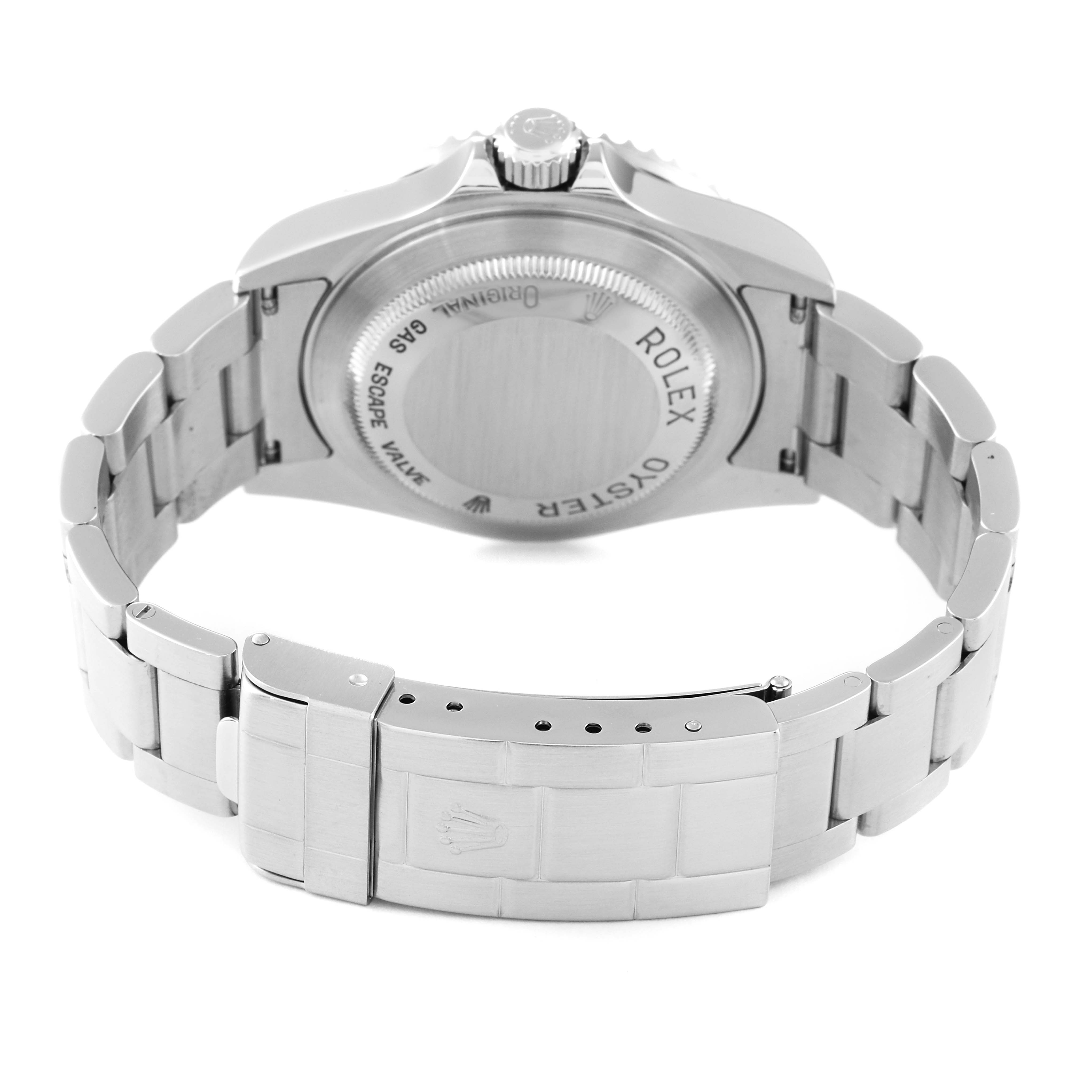 This image shows the back case and bracelet of a Rolex Sea-Dweller 16600 Men
s Stainless Steel Black Dial 16600 Men
s Stainless Steel Black Dial watch from a rear angle.