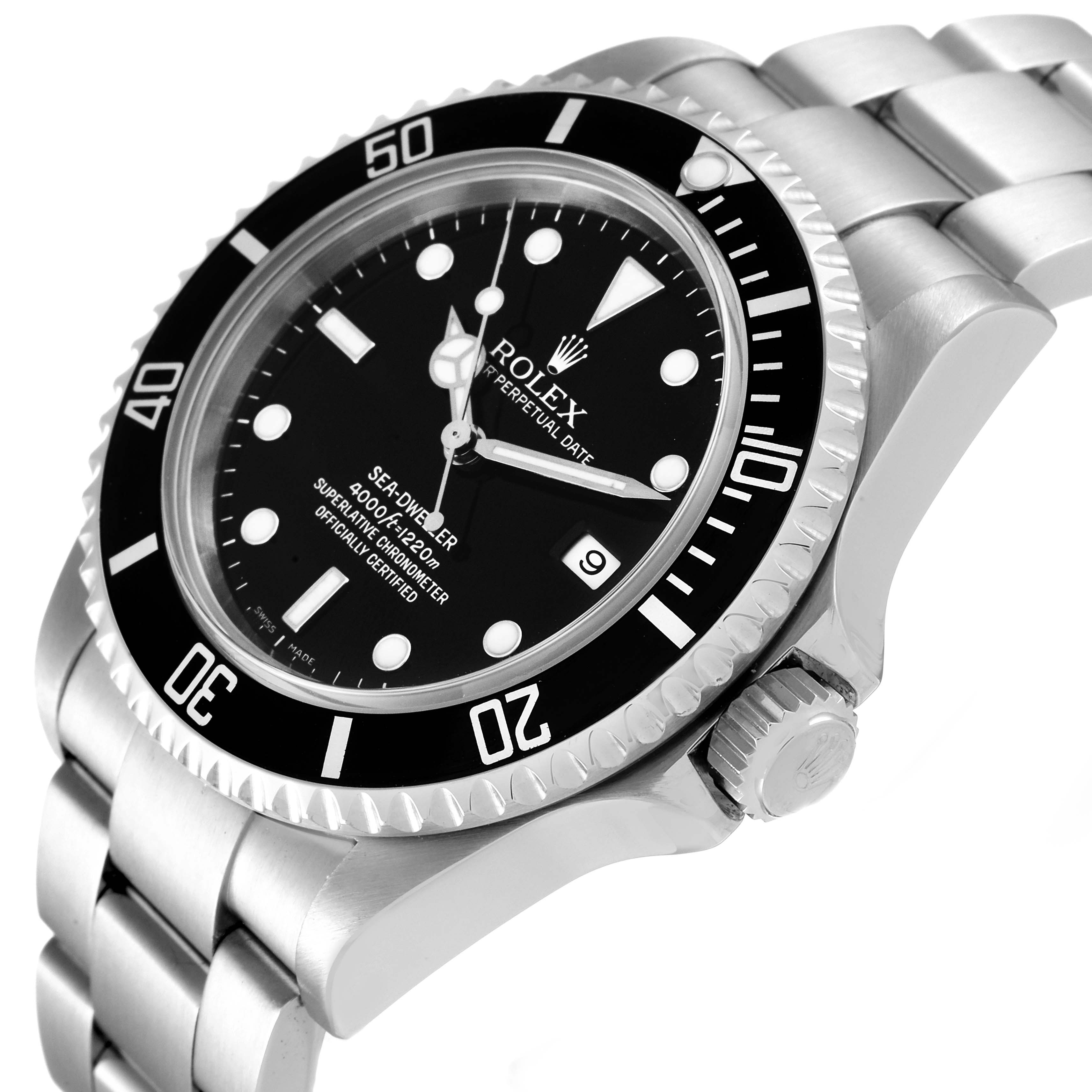 The image shows a close-up of the Rolex Sea-Dweller 16600 Men
s Stainless Steel Black Dial 16600 Men
s Stainless Steel Black Dial watch from a side angle, highlighting the dial, bezel, and bracelet.