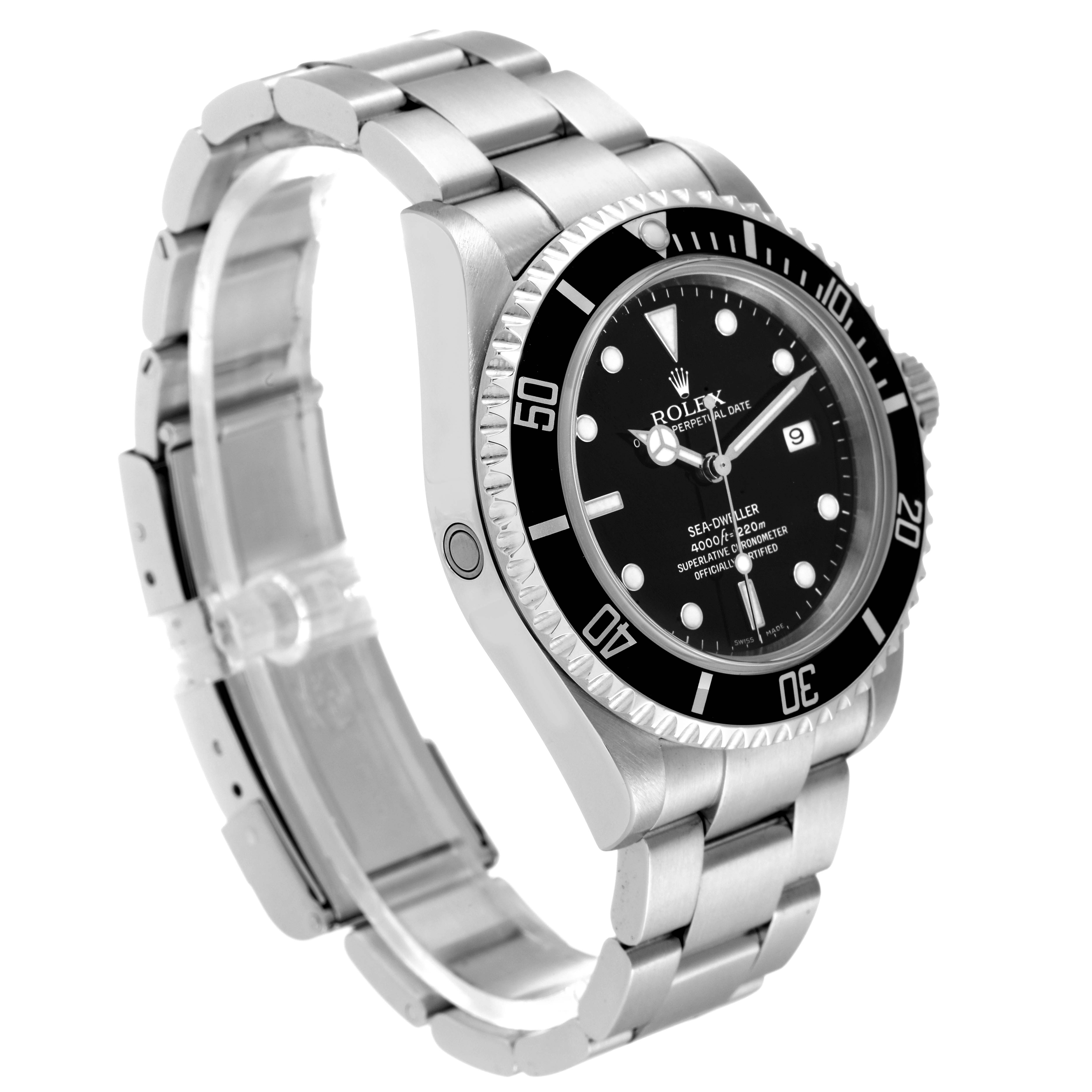This image shows a side and front view of the Rolex Sea-Dweller 16600 Men
s Stainless Steel Black Dial 16600 Men
s Stainless Steel Black Dial watch, highlighting the bracelet, case, and dial.