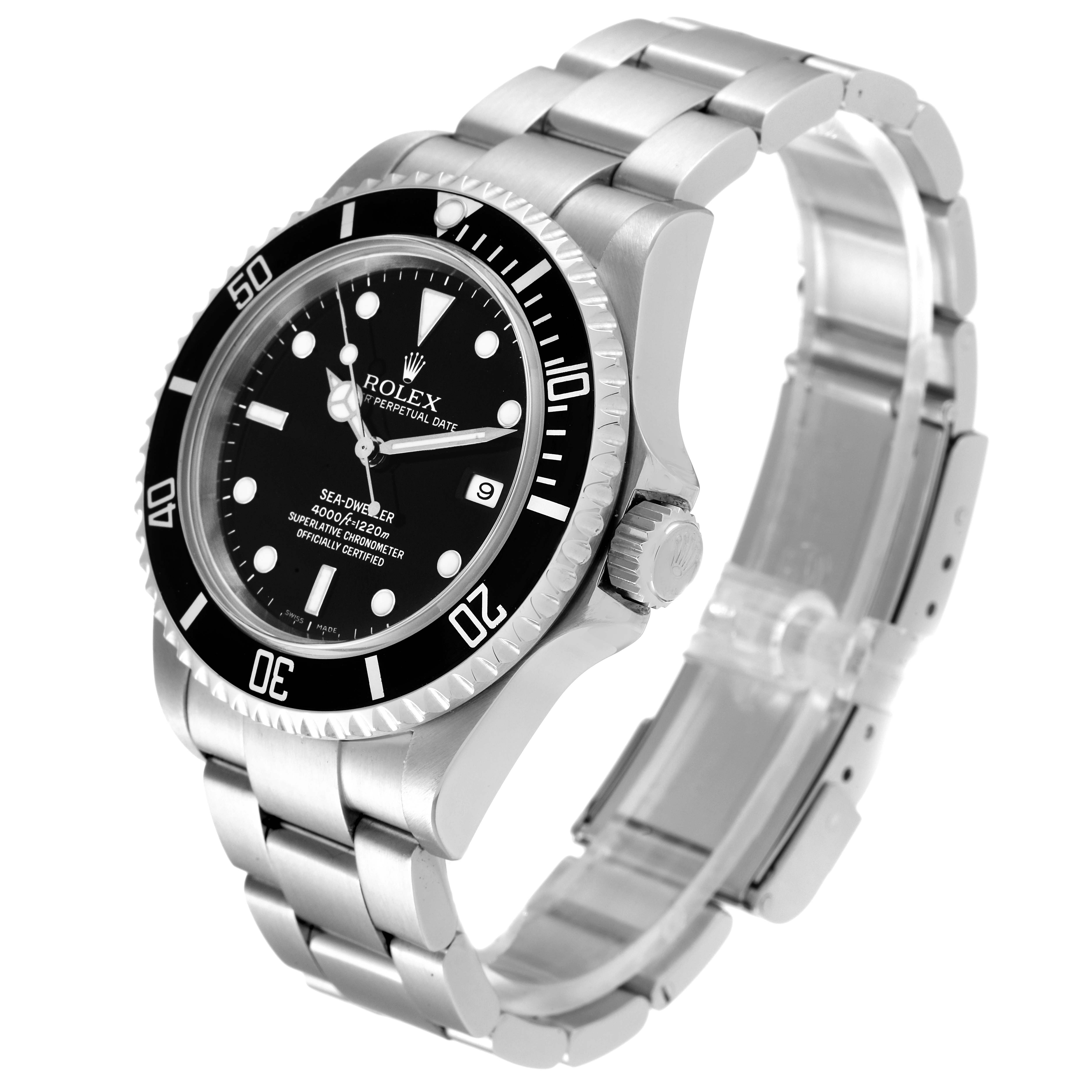 The image shows a Rolex Sea-Dweller 16600 Men
s Stainless Steel Black Dial 16600 Men
s Stainless Steel Black Dial watch at a three-quarter angle, highlighting the dial, bezel, case, and bracelet.