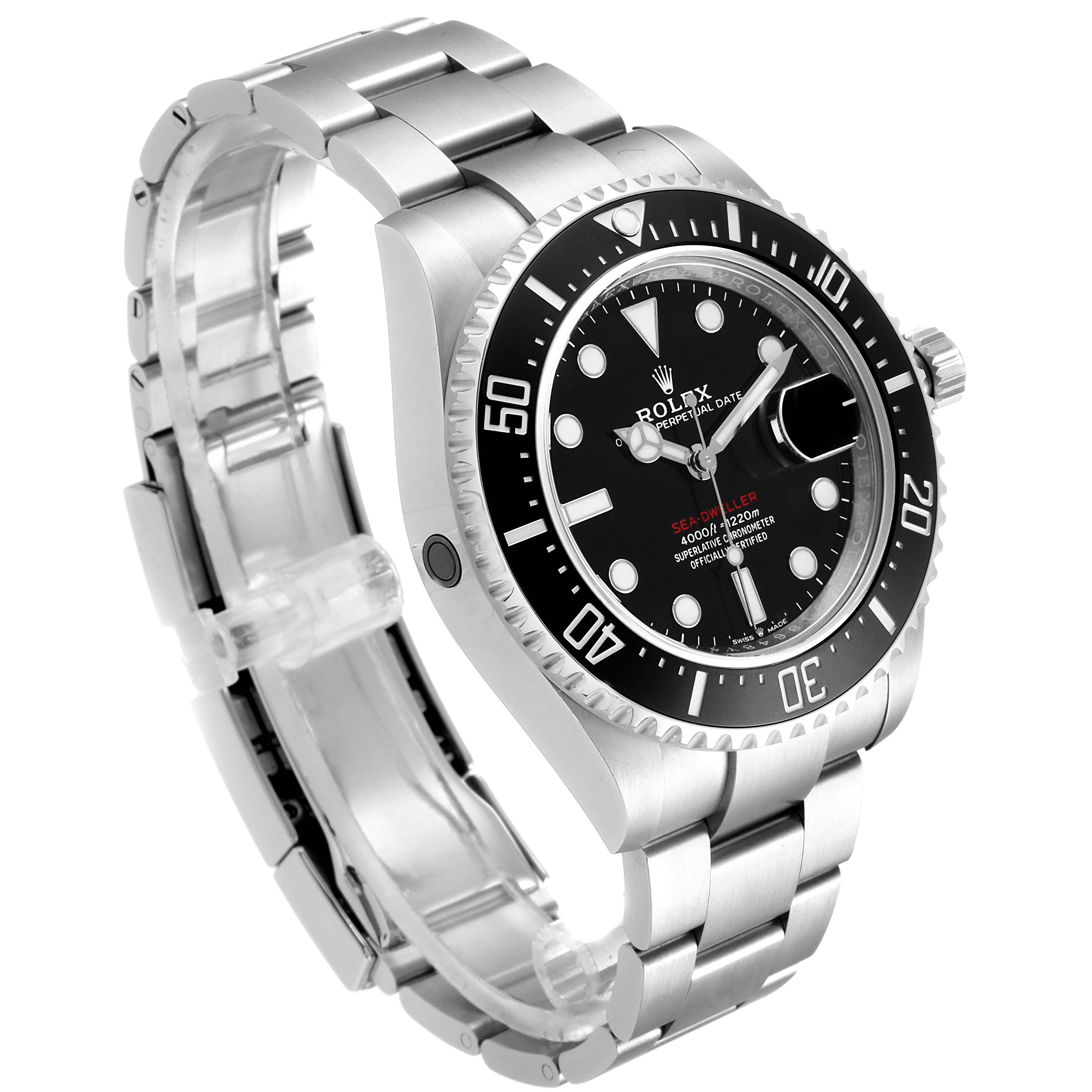 The image shows a Rolex Sea-Dweller 126600 Men
s Stainless Steel Black Dial 126600 Men
s Stainless Steel Black Dial watch from a three-quarter view, highlighting its face, bezel, and bracelet.