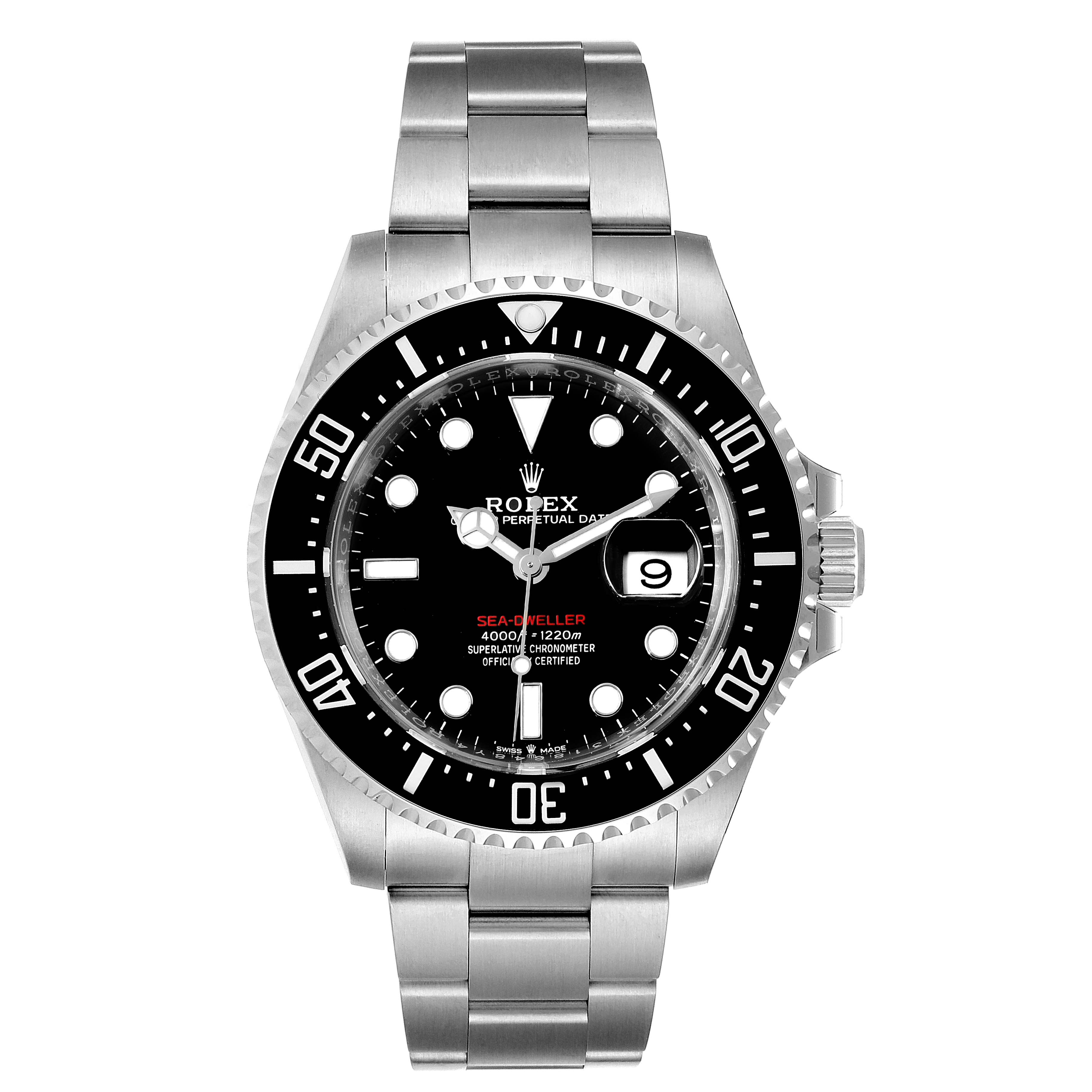 The image shows a front view of a Rolex Sea-Dweller 126600 Men
s Stainless Steel Black Dial 126600 Men
s Stainless Steel Black Dial watch, displaying its black dial, bezel, and stainless steel bracelet.